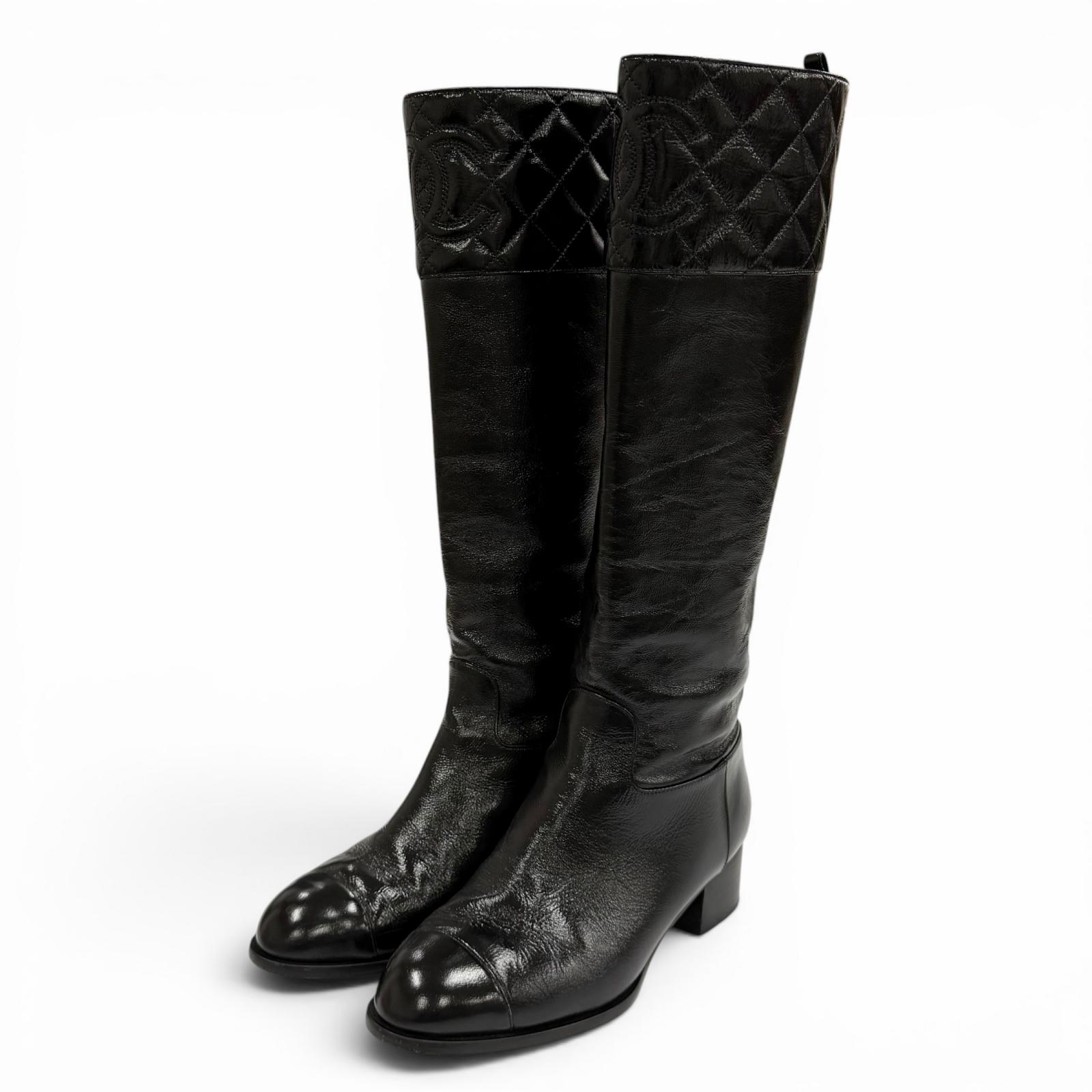 美品★CHANEL シャネル 23B G45201 ココマーク マトラッセ チャンキーヒール なめし革 ロングブーツ 黒いこと 37.5 イタリア製 レディース 保護すること袋付き添い人 【中古】