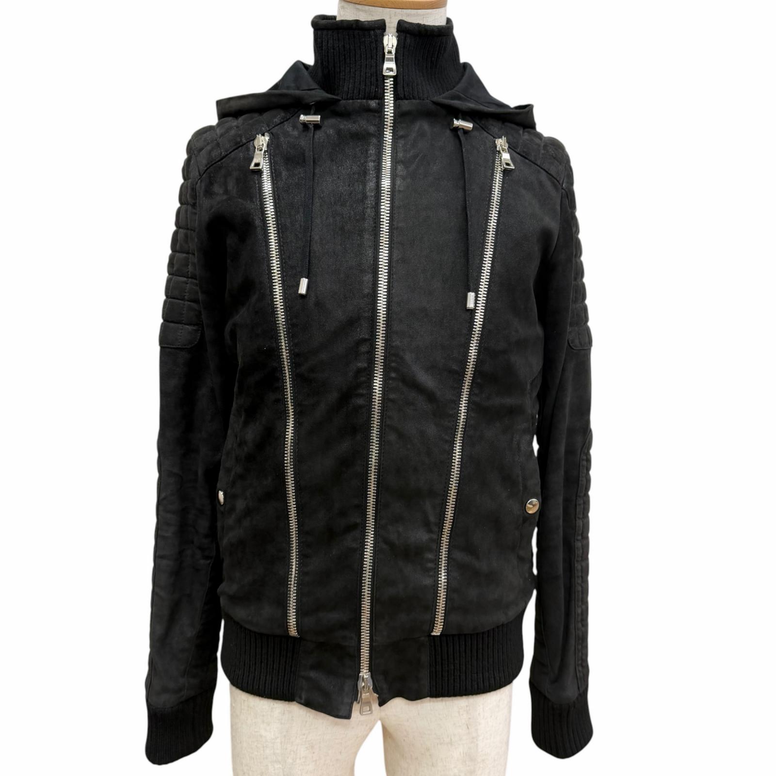 【ドンドン思いなおす】美品□BALMAIN バルマン W5HC895D154 子ヒツジ素はだ Leather 羊毛 ヌバック フーデッド なめし革上衣 ライダース 黒いこと 44 置き目品 メンズ 【中古】
