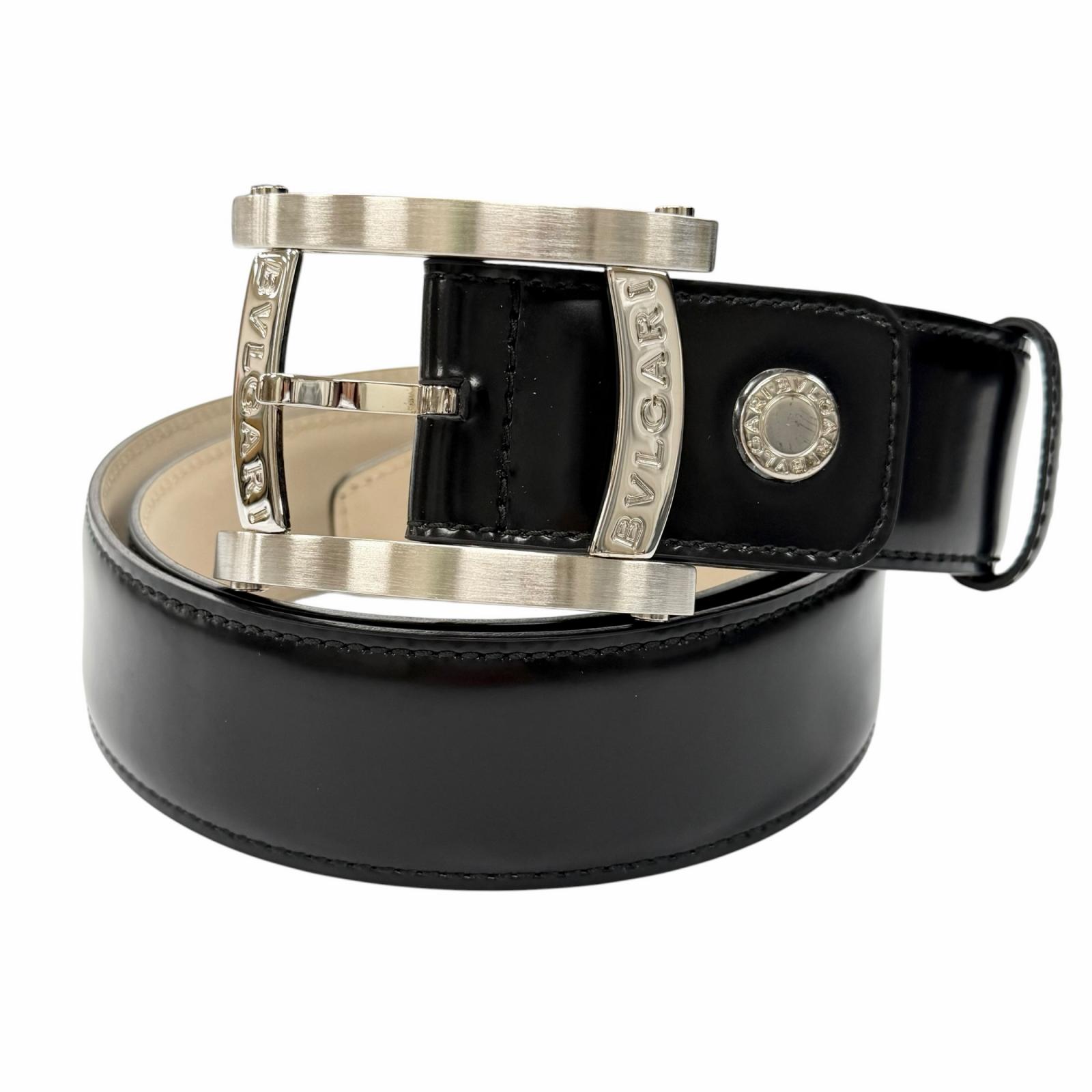 美品▲BVLGARI ブル小峡谷 37963 アショーマ 胴締め ピンバックル なめし革胴締め 黒いこと しろがね色金具 46/115 イタリア製 メンズ 【中古】