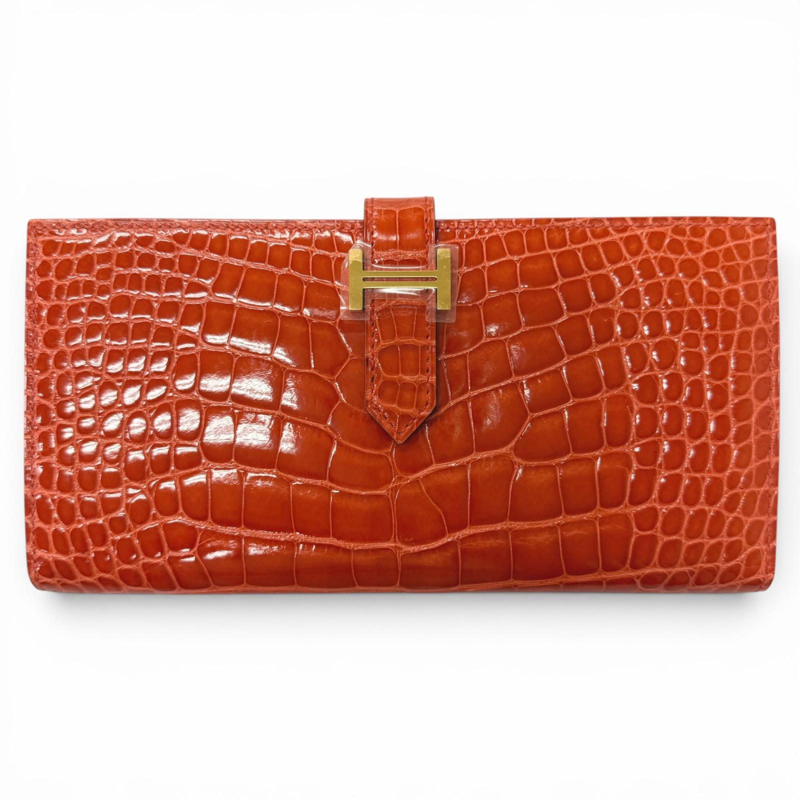 未当て嵌める品□HERMES エルメス ベアン スフレ アリゲーター Hロゴタイプ ゴールド金具 長金入れ オレンジポピー X目じるし入り口・入口 フランス共和国製 メンズ レディース 箱付き添い人【中古】