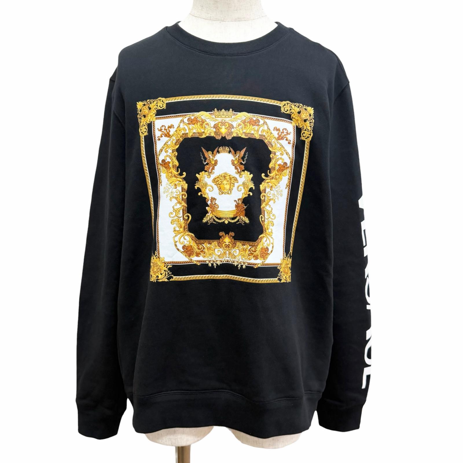 極美品□VERSACE ヴェルサーチ 2022年製 綿織物100% メデューサ アームロゴプリント 長袖 調教師 トレーナー 黒いこと L 置き目品 メンズ 【中古】