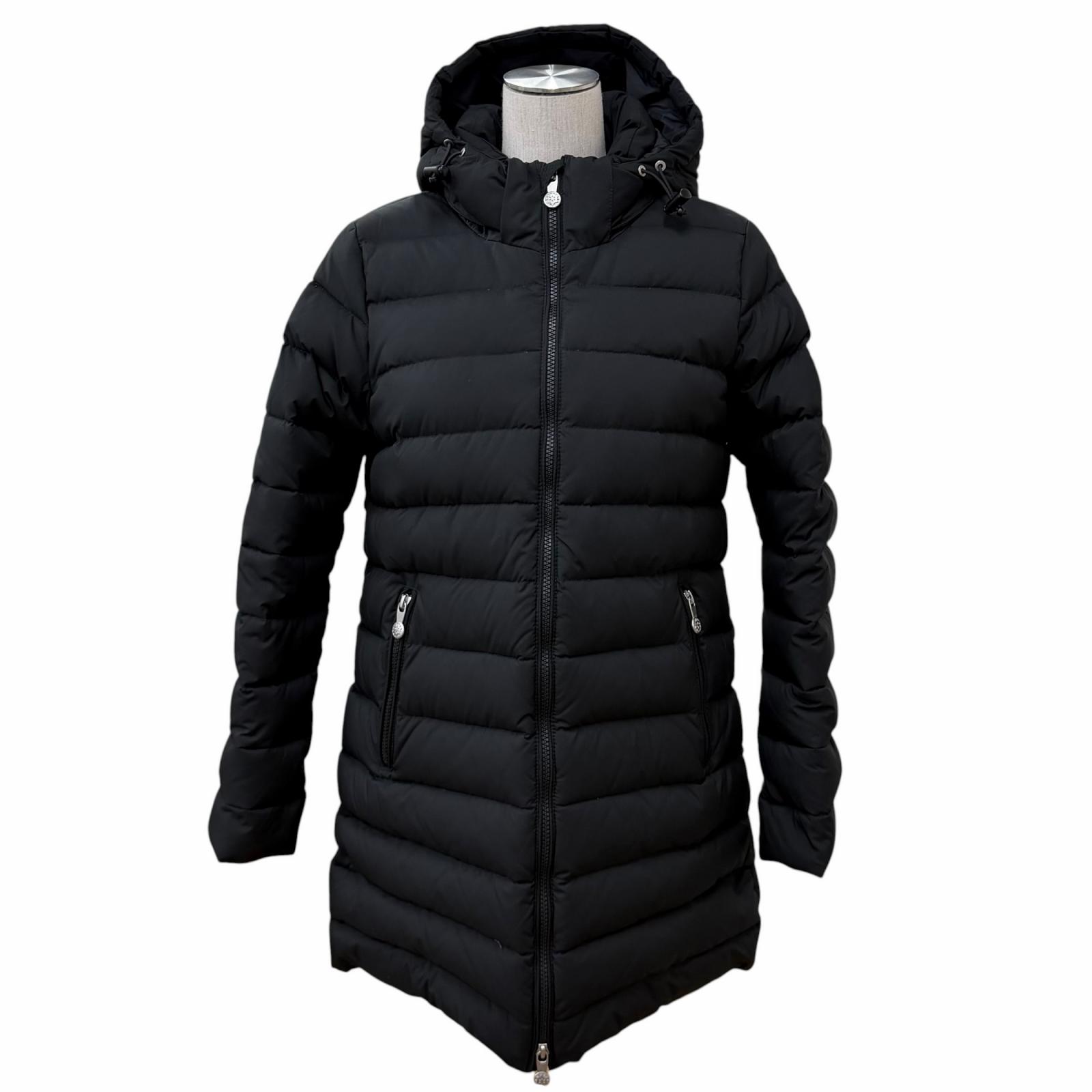 美品★Pyrenex ピレネックス SPOUTNIC LONG スプートニック ロング ロゴタイプ紋章・ボンネット付 ZIP UP 落ちこむ厚地の外套 黒いこと 38 置き目品 レディース 【中古】