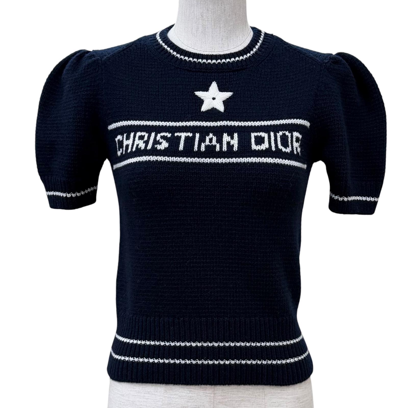 極美品★Christian Dior ディオール 224S09AM308 羊毛 カシミール混 ロゴタイプ目論む 労働者の一団のど首 半袖編み物 米国海軍 38 イタリア製 定まり品 レディース 【中古】