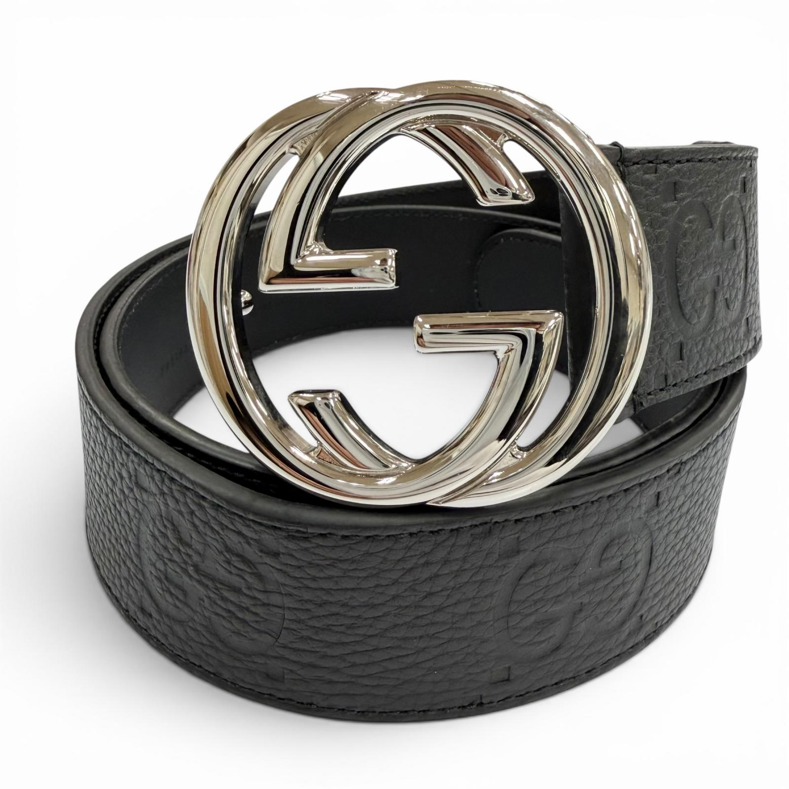 美品▼GUCCI グッチ 794196 なめし革 GG柄 インターロッキングG バックル 広広とした胴締め 黒いこと しろがね色金具 90/36 イタリア製 メンズ 箱付き添い人 【中古】