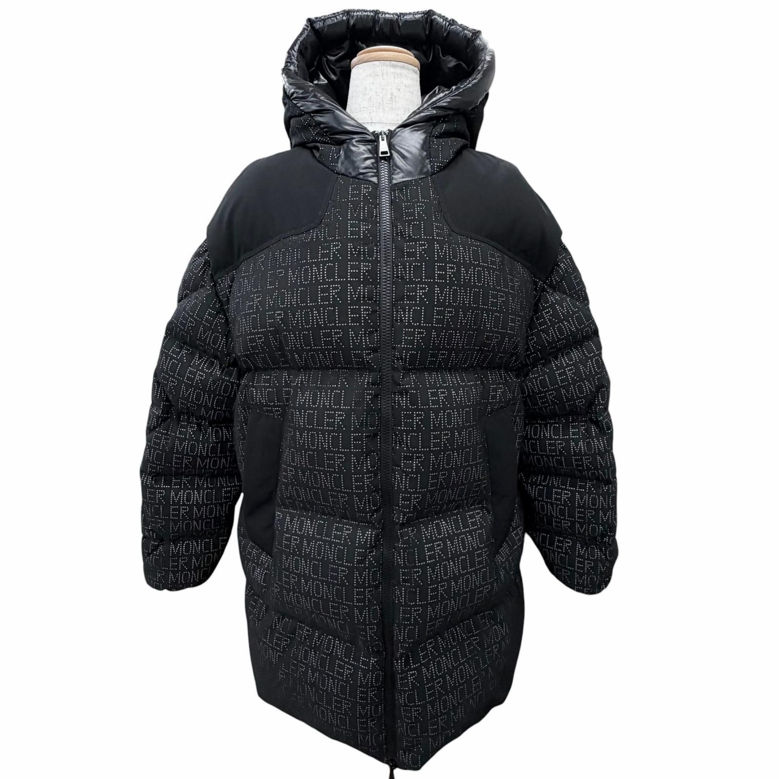 美品△MONCLER モンク線路 22-23AW GRANDVAL レタリングロゴタイプ 総柄 ロゴタイプ紋章 ボンネット付き添い人 落ちこむ上衣 黒いこと 1 イタリア製 置き目品 レディース  【中古】