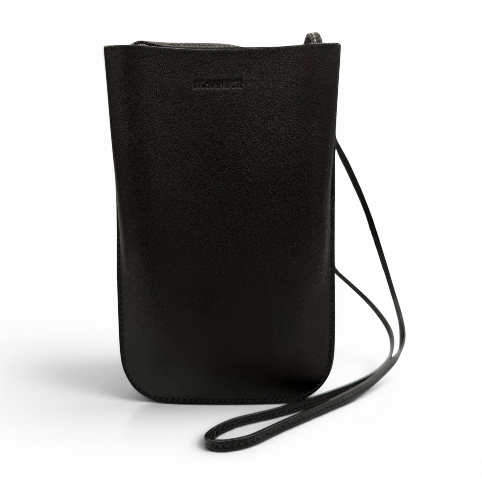 美品◇JIL SANDER ジルサンダー GIRO PHONE CASE ロゴタイプ刷り上げる なめし革 肩先 持ちはこび容れもの 電話機合財袋 黒いこと イタリア製 レディース 【中古】