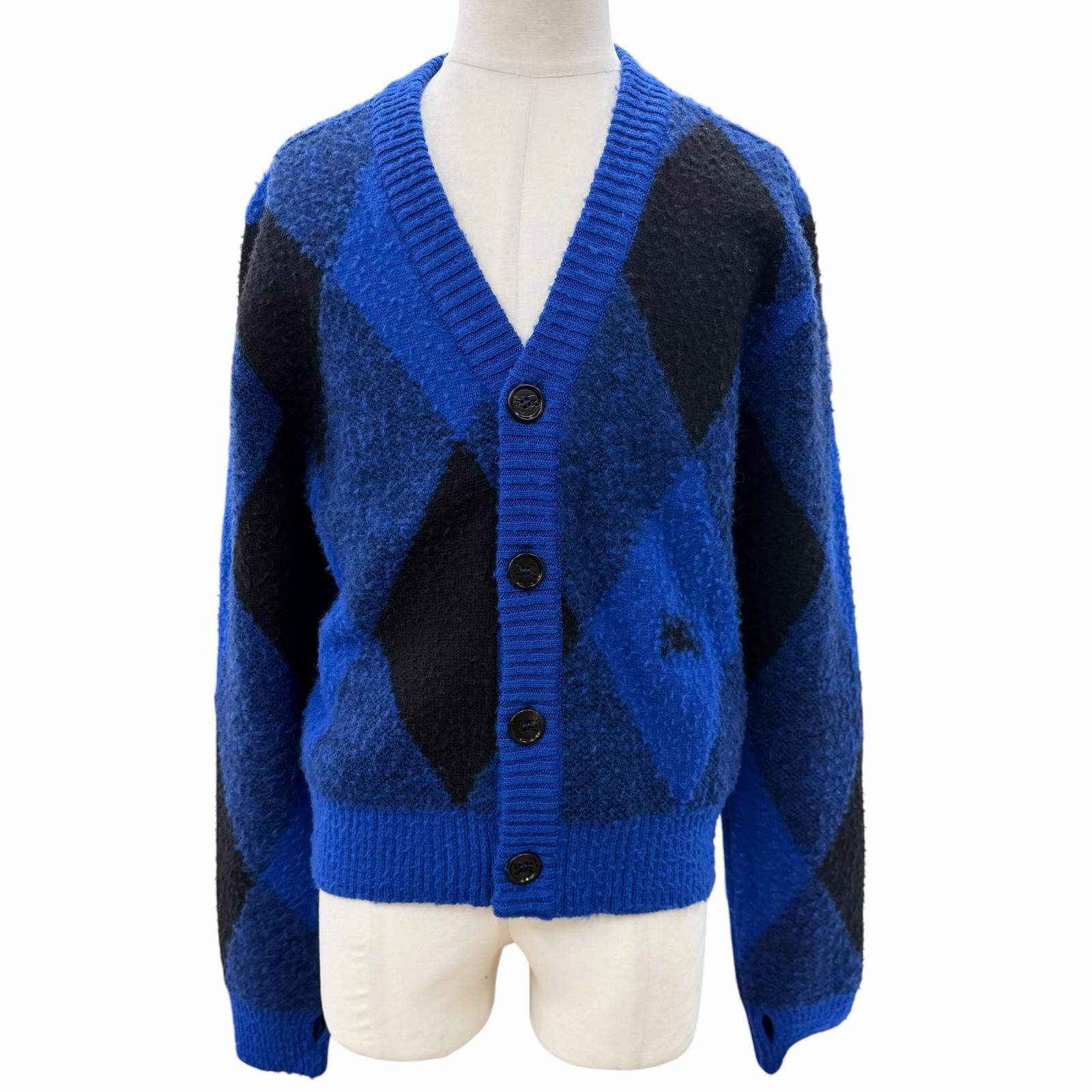未当て嵌める品▼BURBERRY バーバリー 8077754 Argyle Check 羊毛100% アーガイル柄 Vのど首 ジレー 青色 黒いこと M イタリア製 置き目品 メンズ  【中古】