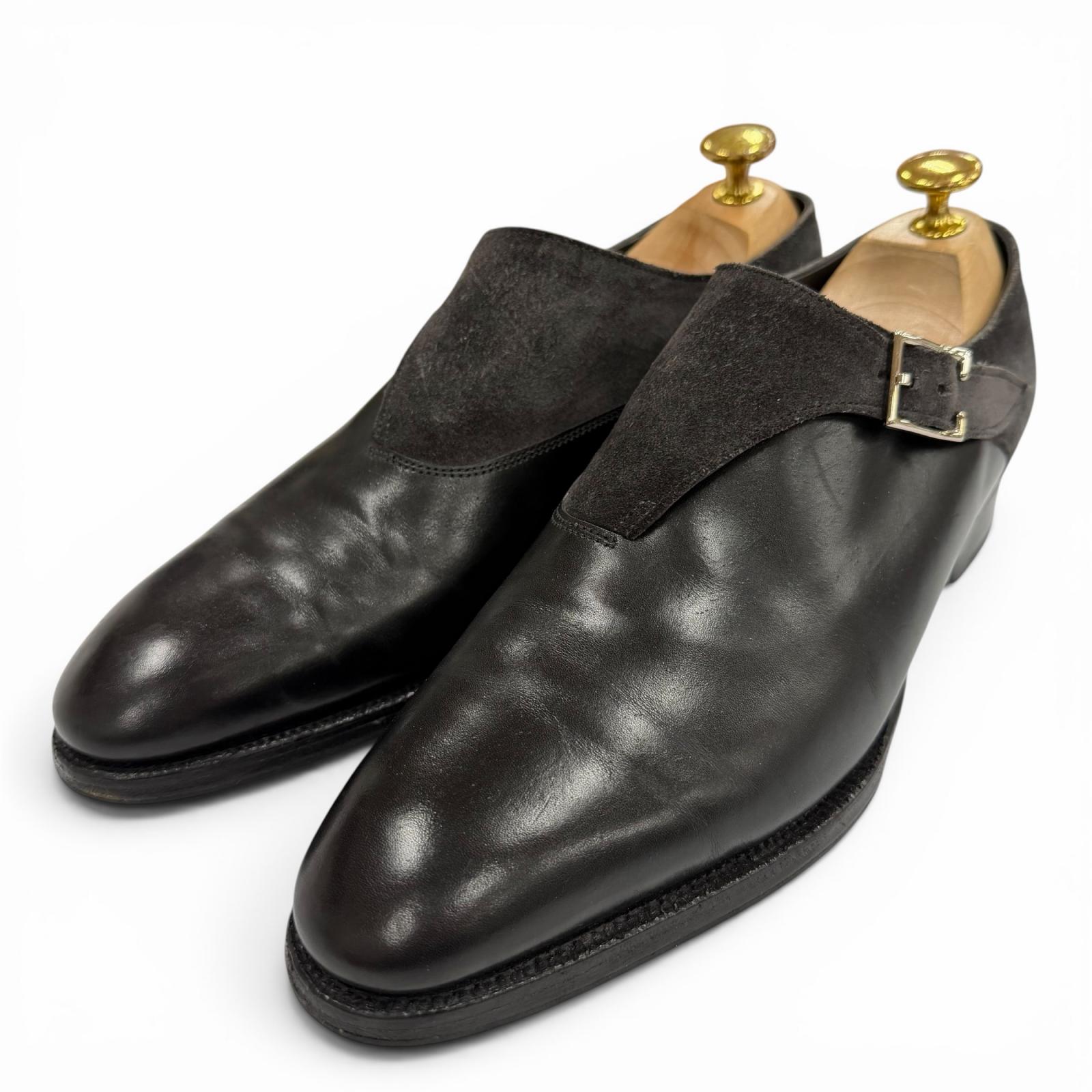【ドンドン思いなおす】良品▼John Lobb ジョンロブ EASTON なめし革 スウェードレザー モンクストラップ 置き目毛皮 黒いこと しろがね色金具 6 イングランド製 メンズ 【中古】
