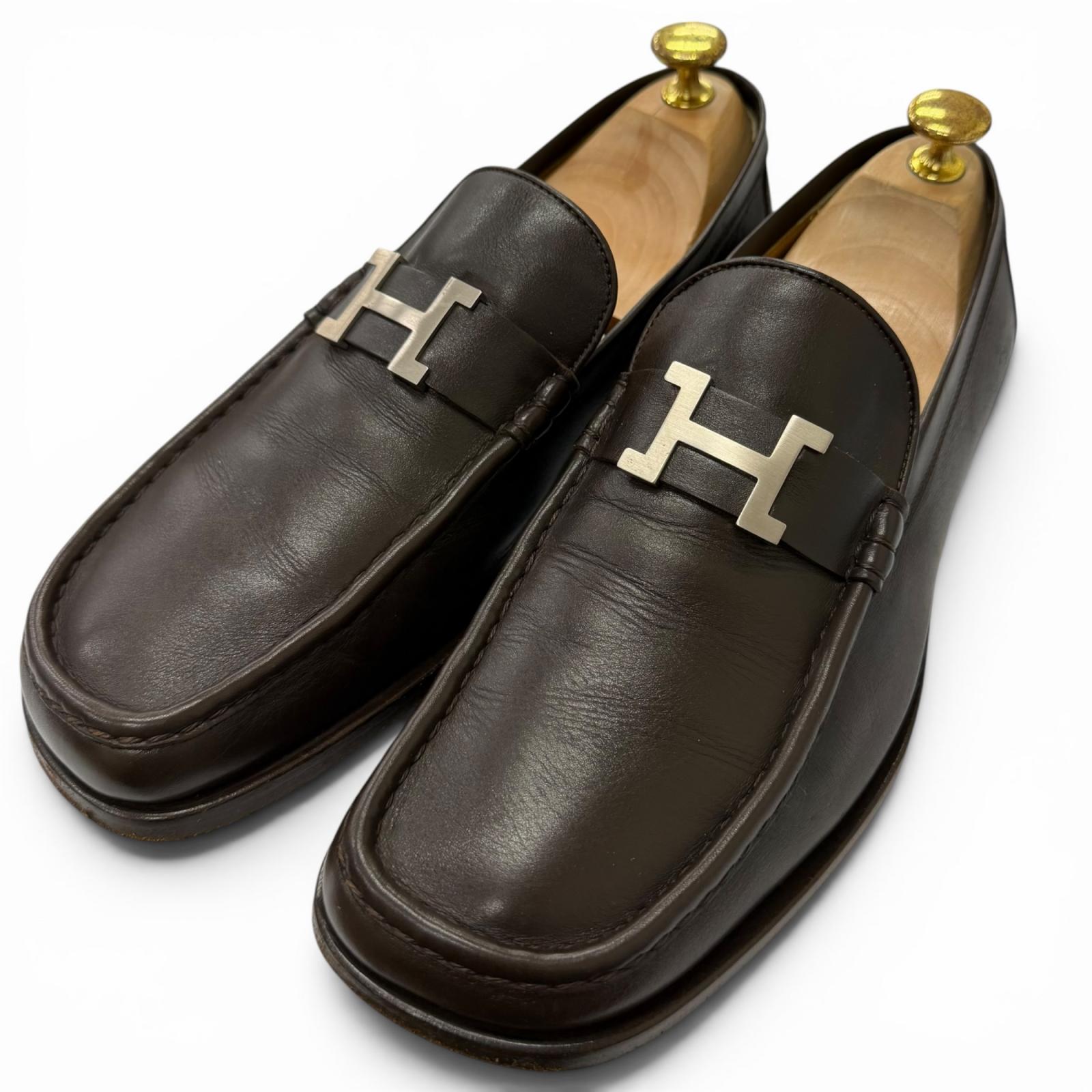 【ドンドン思いなおす】良品□HERMES エルメス なめし革 Hロゴタイプしろがね色金具 置き目毛革 モカシン 滑っこいシューズ 暗然たる赤銅色 41.5 イタリア製 メンズ 【中古】