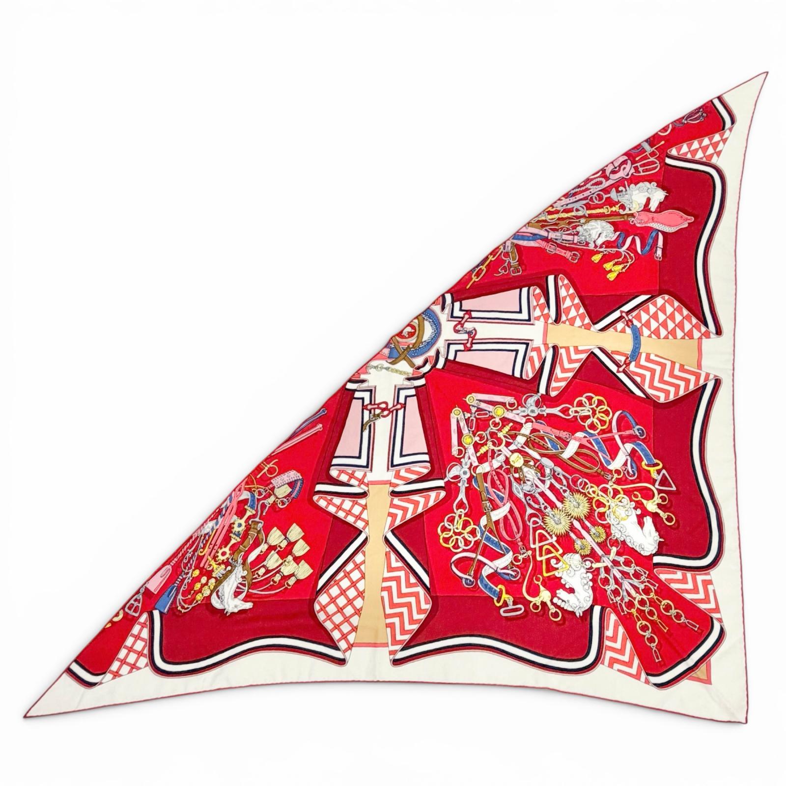 美品△HERMES エルメス トライアングルジェアン Bouquets Sellier 鞍細工人の胸花 カシミール 絹地 大判 肩かけ 袈裟 赤いこと系 フランス共和国製 レディース 箱付き添い人 【中古】