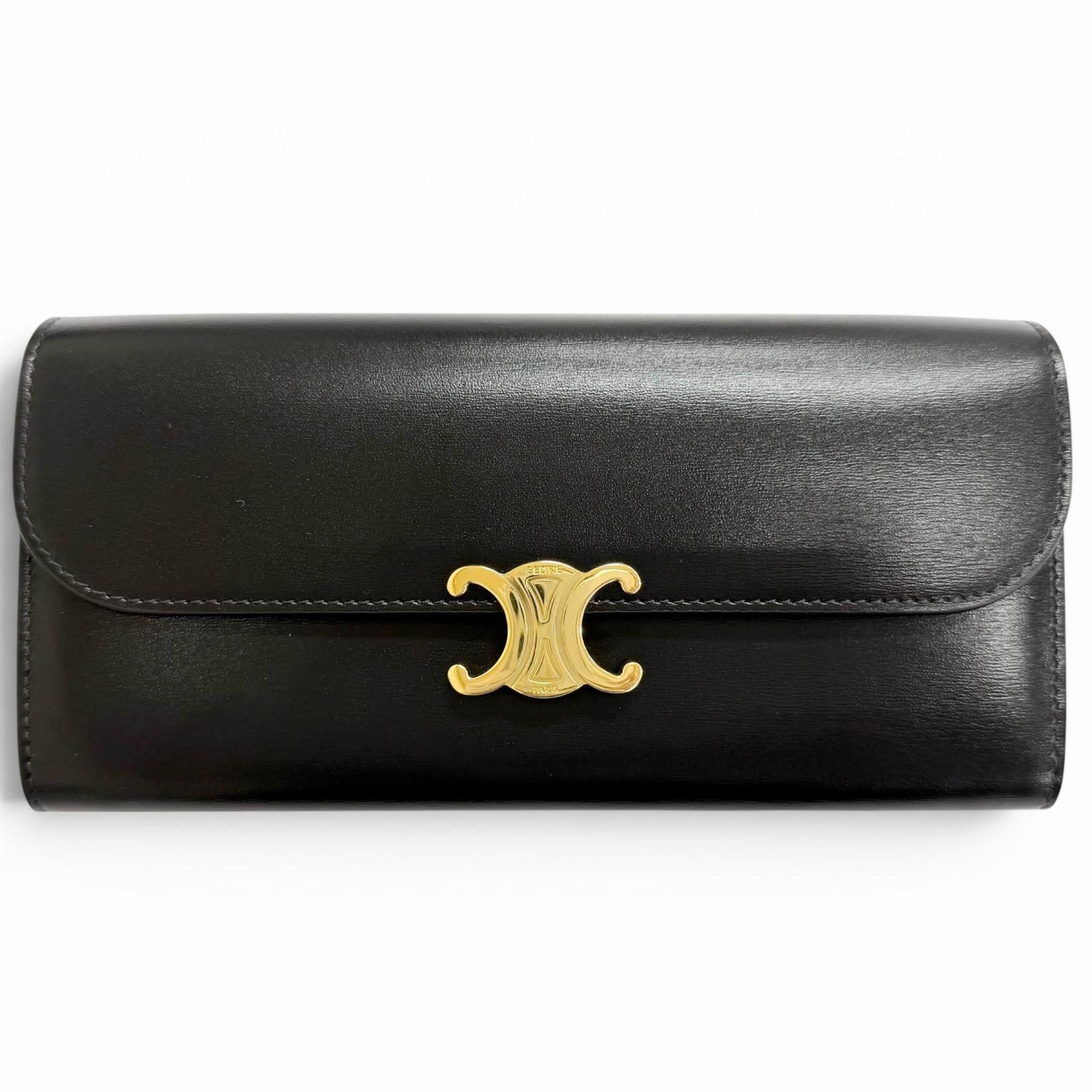 極美品△CELINE セリーヌ 10E313DPV シャイニーカーフスキン トリオンフ フラップ ラージウォレット 二つ折り 長財布 ブラック ゴールド金具 イタリア製 レディース 箱・保存袋付き 【中古】｜衣類＆ブランドリサイクル GREEN