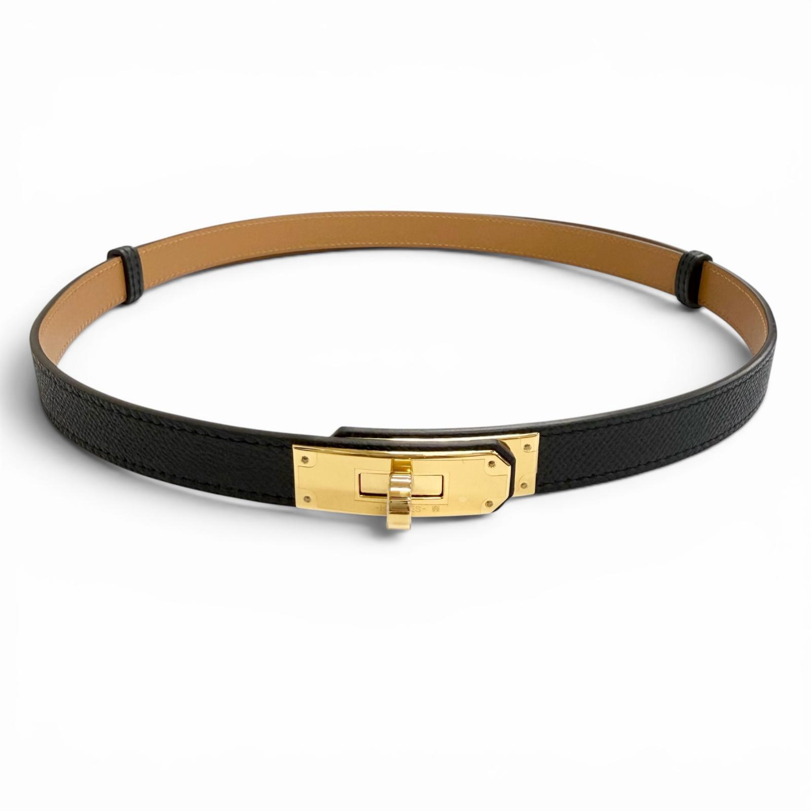 未当て嵌める品△HERMES エルメス ケリー 三尺帯 ヴォーエプソン 黒いこと ゴールド ゴールド金具 K目じるし フランス共和国製 レディース 箱・保護すること袋付き添い人 オススメ◎【中古】