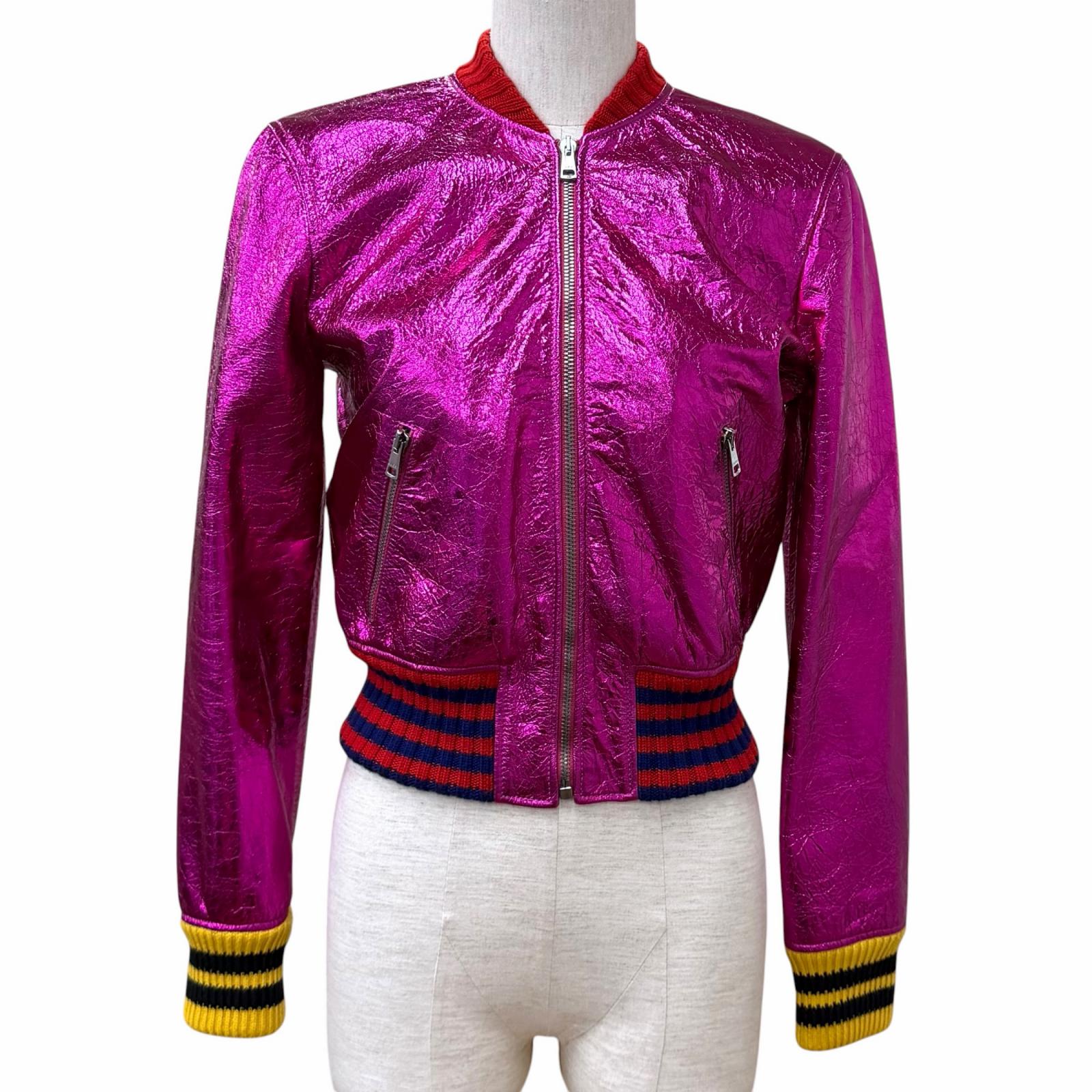 極美品★GUCCI グッチ 481483 ロゴZIP メタリック ラムレザー ボンバージャケット ピンク 36 イタリア製 正規品 レディース ハンガー付き 【中古】｜衣類＆ブランドリサイクル GREEN