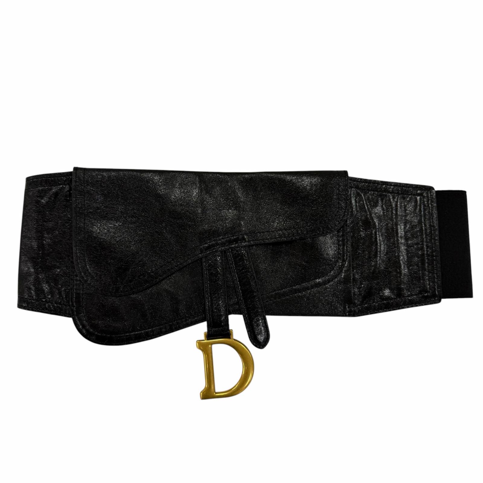 極美品☆Christian Dior ディオール ヴィンテージ 35-MA-0169 ロゴタイプ金具 サドル なめし革 三尺帯 黒いこと ゴールド金具 レディース 【中古】