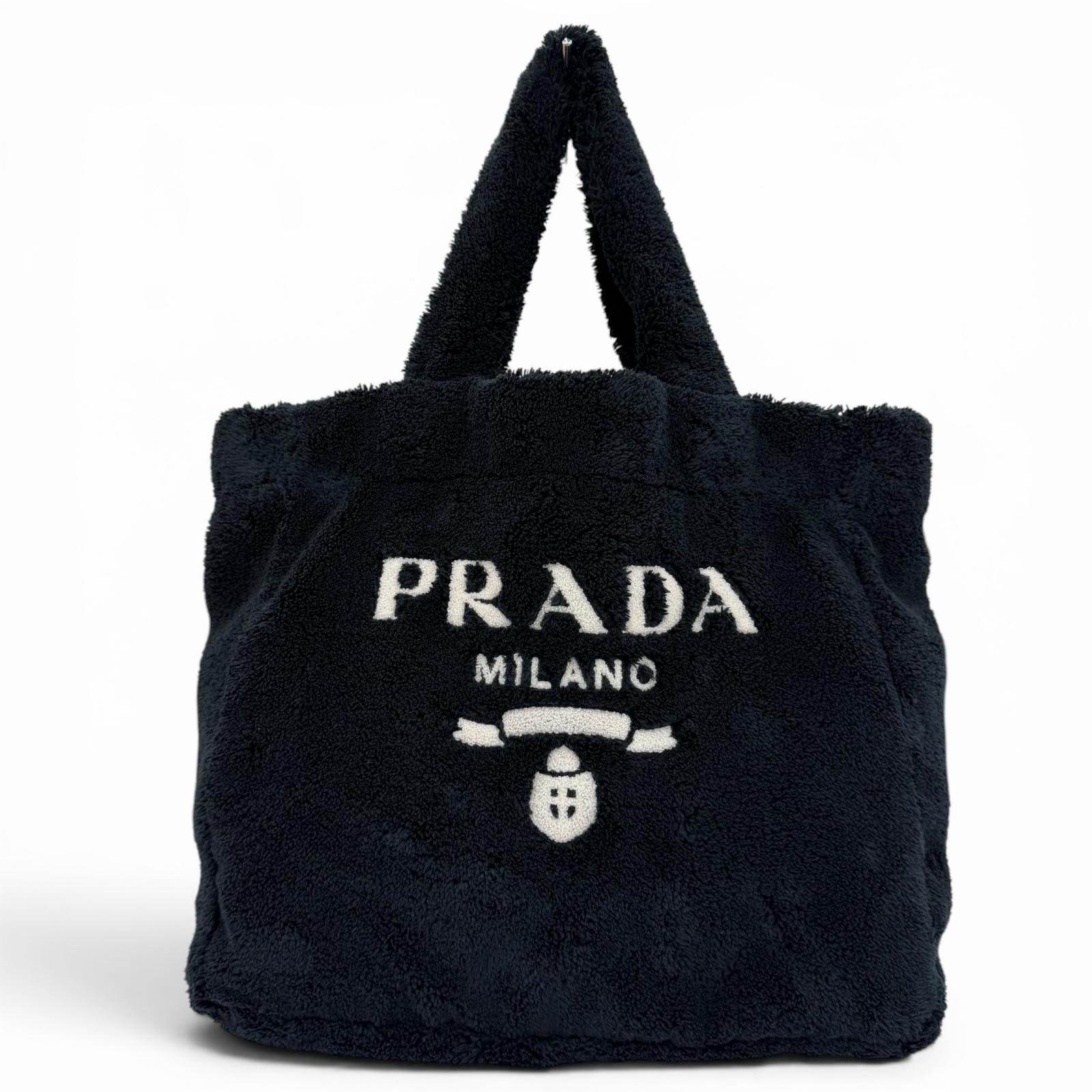 美品☆PRADA プラダ 1BG130 テリー トートバッグ トライアングルロゴプレート付 ロゴタイプ御徒面子 ダークネイビー イタリア製 レディース  【中古】