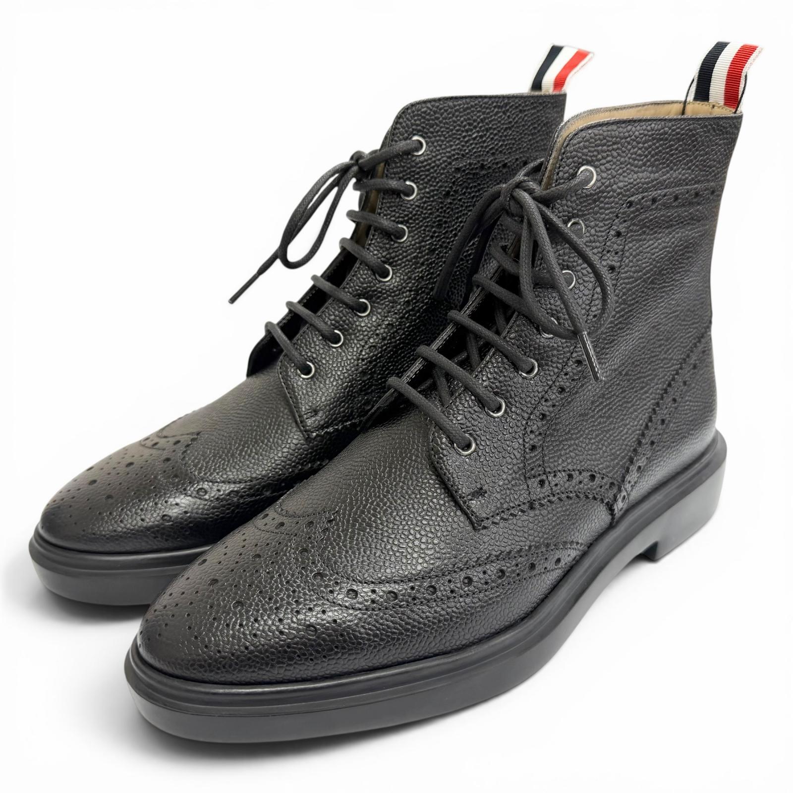 未当て嵌める品△THOM BROWNE トム赤銅色 FFB018B ペブルグレイン ウィングチップ ブーツ なめし革 アンクルブーツ 黒いこと 38 24.5珊 イタリア製 レディース 箱・保護すること袋付き添い人 【中古】