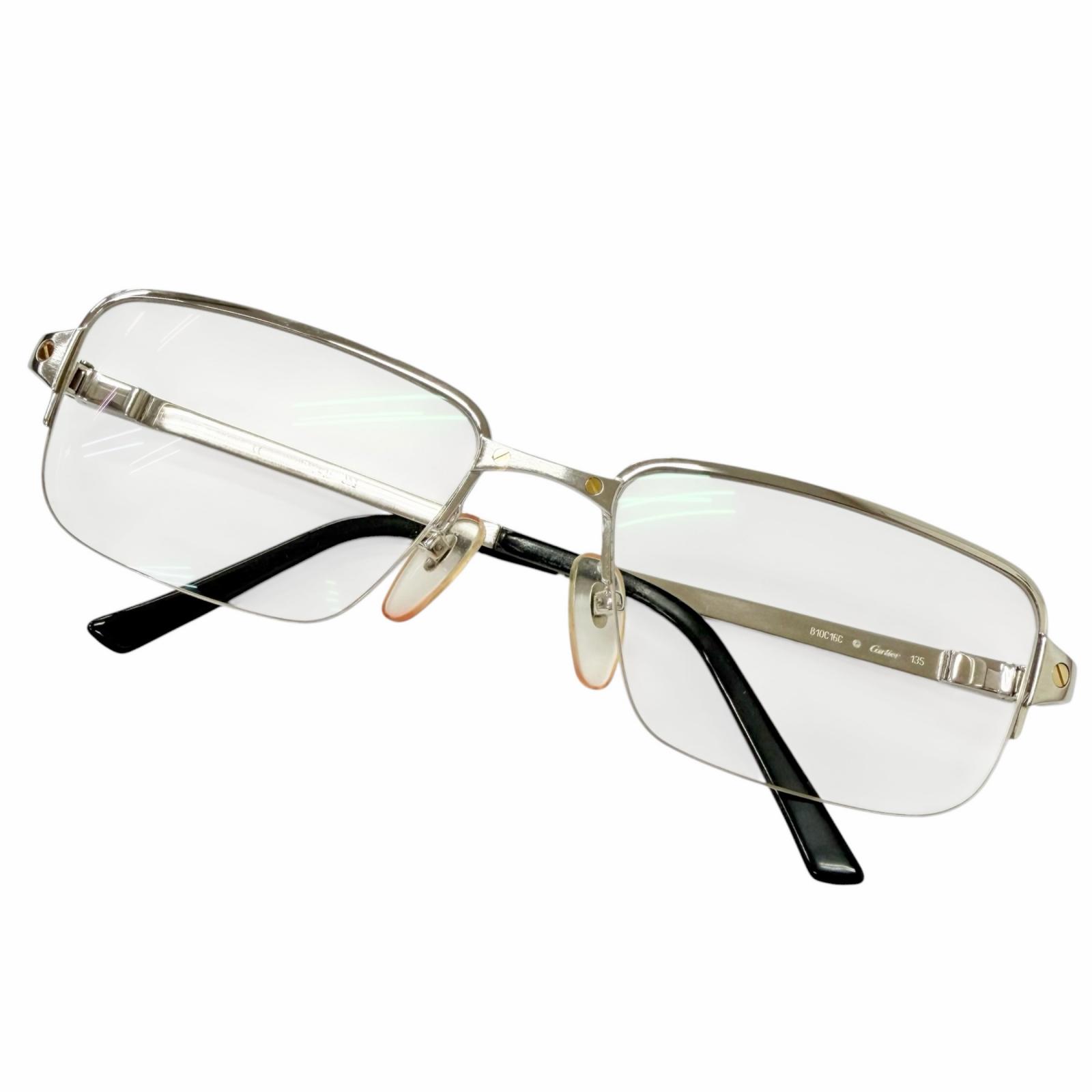良品□Cartier カルティエ サントス ドゥ カルティエ 二分の一リム 眼鏡 メガネ アイウェア しろがね色 黒いこと 55□18 度入り口・入口 フランス共和国製 メンズ 箱付き添い人 【中古】