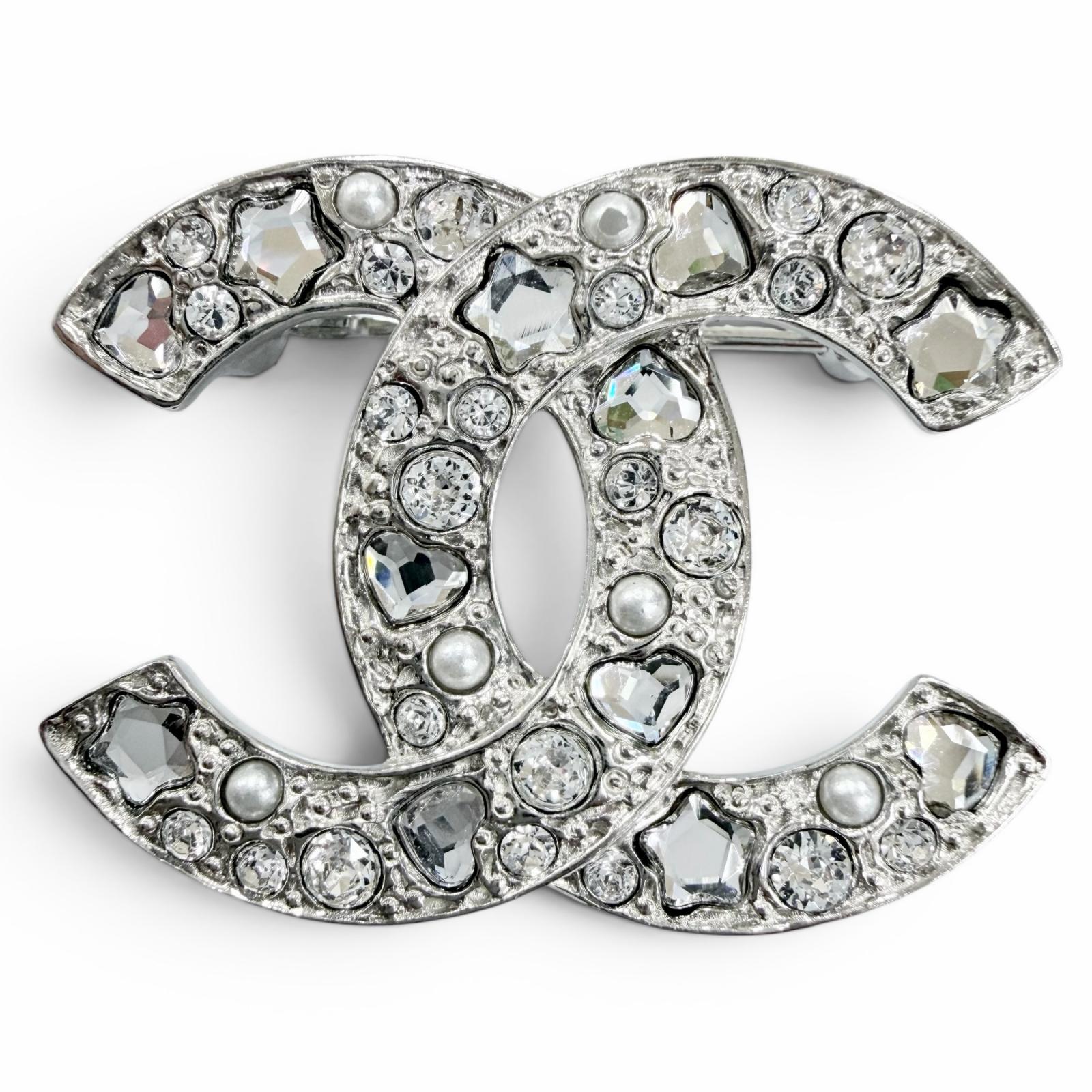 極美品☆CHANEL シャネル B25P ココマーク スター・ハート・フェイクパール ラインストーン ブローチ シルバー イタリア製 レディース 箱・保存袋付き 【中古】｜衣類＆ブランドリサイクル GREEN