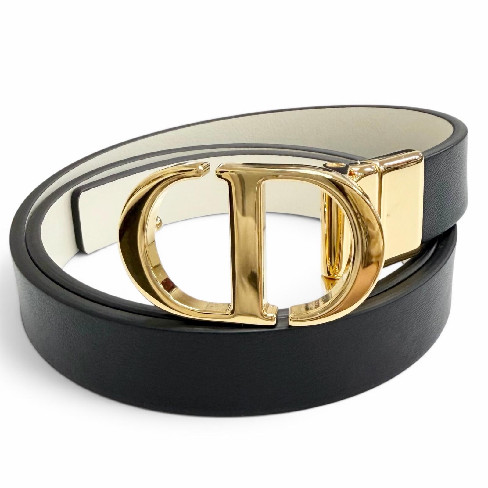 極美品△DIOR クリスチャンディオール B0446UWGA 30 MONTAIGNE 30モンテーニュ リヴァーシブル スムースカーフスキン 20粍 なめし革 三尺帯 黒いこと 象牙色 ゴールド金具 イタリア製 レディース 箱・保護すること袋付き添い人 【中古】