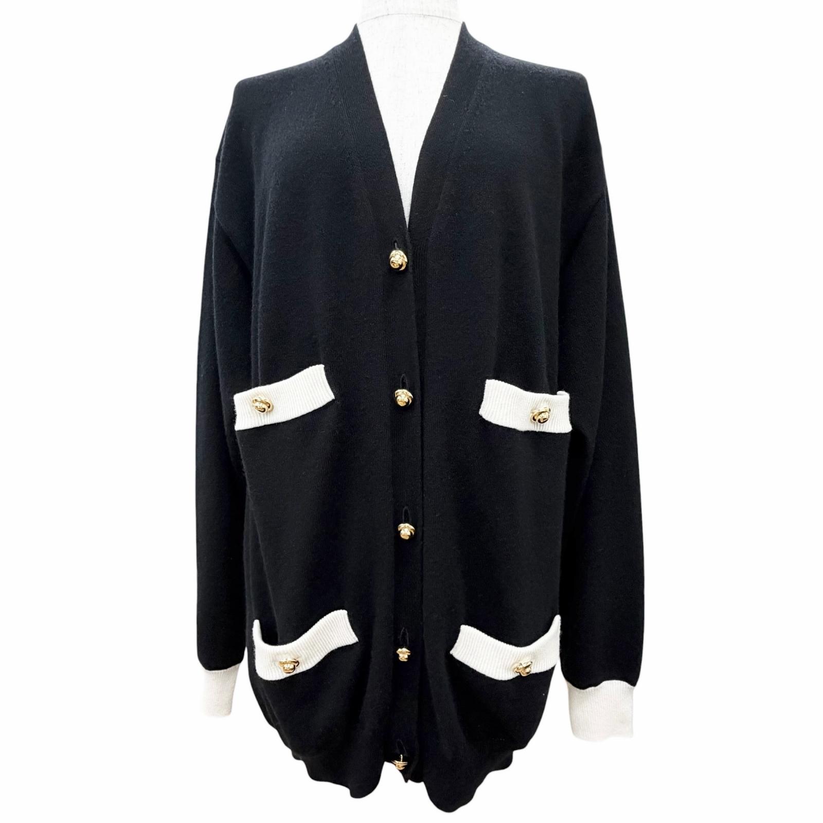 極美品△MIUMIU ミュウミュウ カシミール100％ 金名取り草 Vのど首 長袖 編み物 ジレー 黒いこと 白いこと 38 イタリア製 定め事品 レディース  【中古】