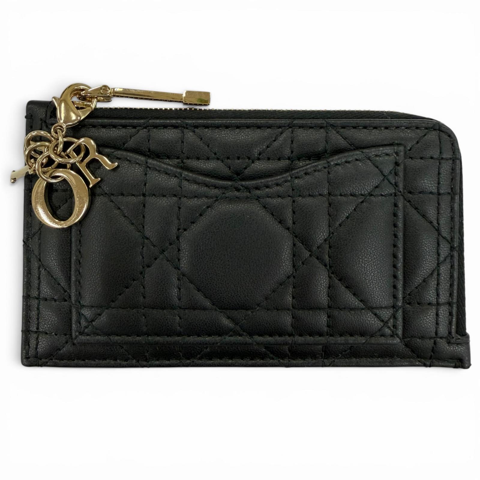 良品☆Christian Dior ディオール S0965ONMJ Lady Dior Cosmos ジップ 歌留多保持者 子ヒツジ人はだ フラグメントケース コインケース 黒いこと イタリア製 レディース 箱・保護すること袋付き添い人 【中古】