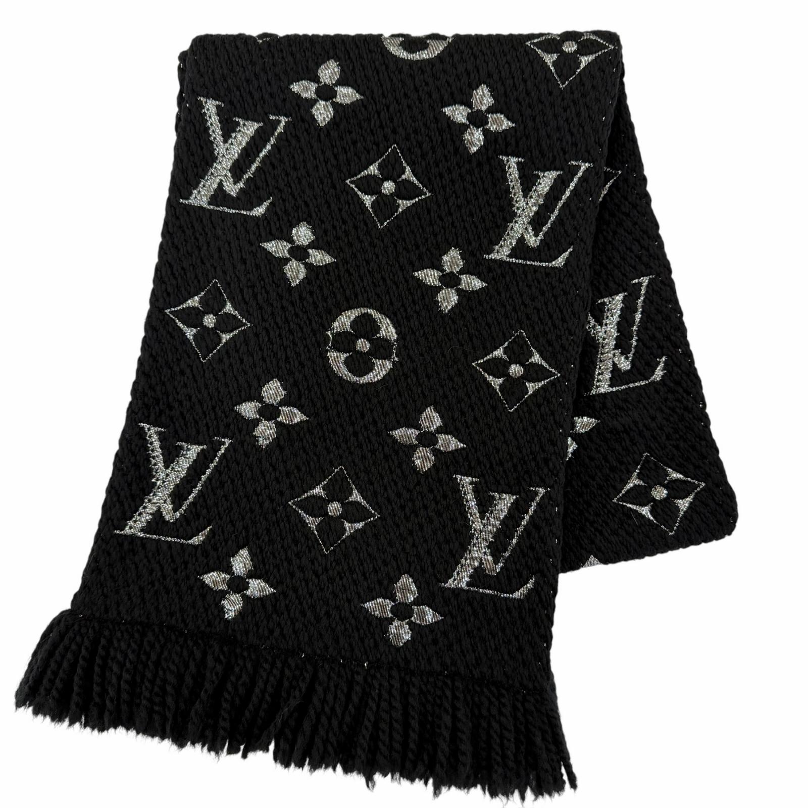 美品☆LOUIS VUITTON ルイヴィトン M75833 エシャルプ・ロゴマニア シャイン 羊毛 絹地 ノワール フリンジ付 消音装置 イタリア製 置き目品 レディース 【中古】