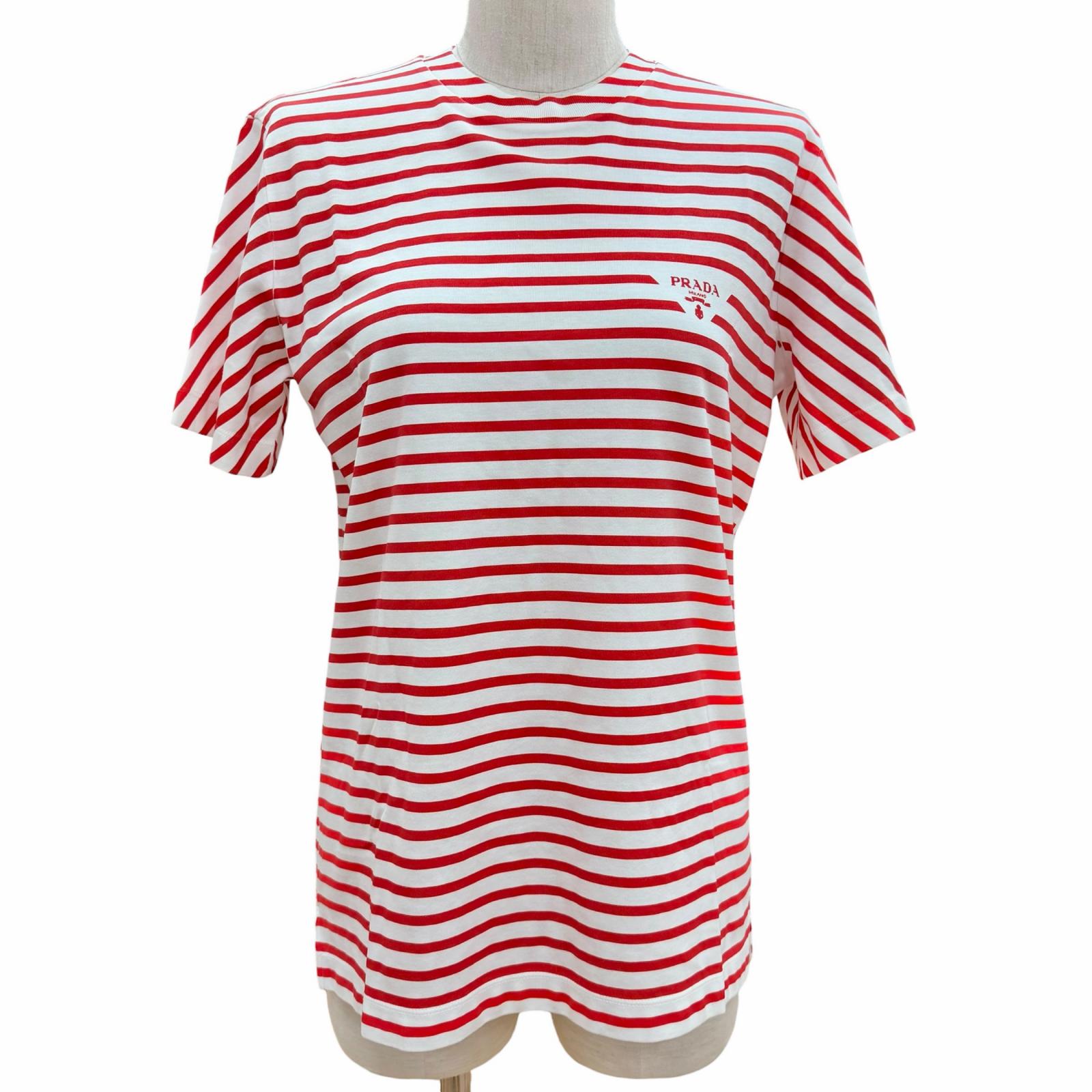 未当て嵌める品▲PRADA プラダ 綿織物100％ ３角形ロゴタイプ 間借り人柄 半袖Ｔシャツ 赤いこと 白いこと XS イタリア製 定め事品 レディース 【中古】