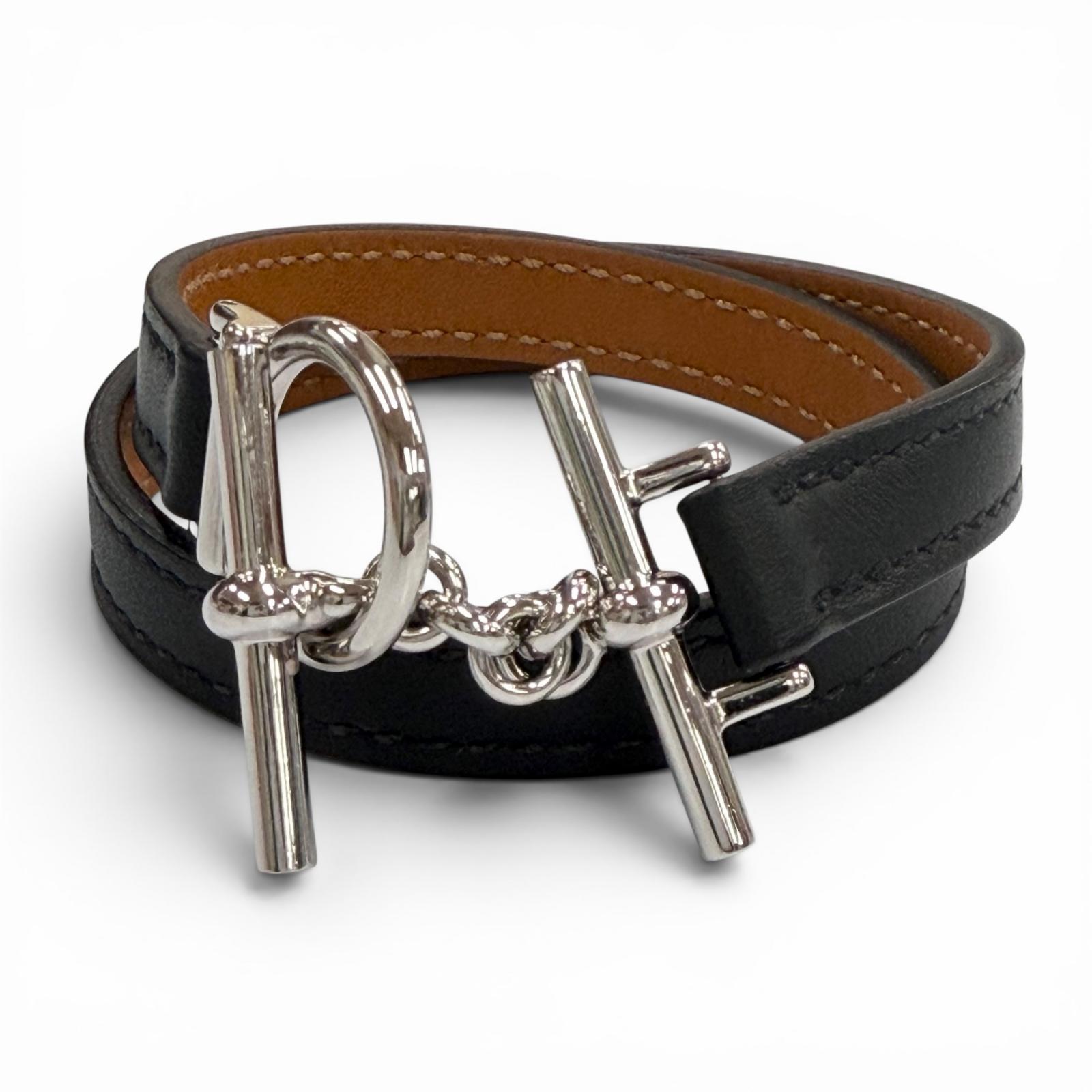 極美品▼HERMES エルメス クロワジエール ドゥブルトゥール なめし革 しろがね色金具 2025年5月買いもとめる品 腕輪 黒いこと K目じるし フランス共和国製 メンズ 保護すること袋付き添い人 【中古】