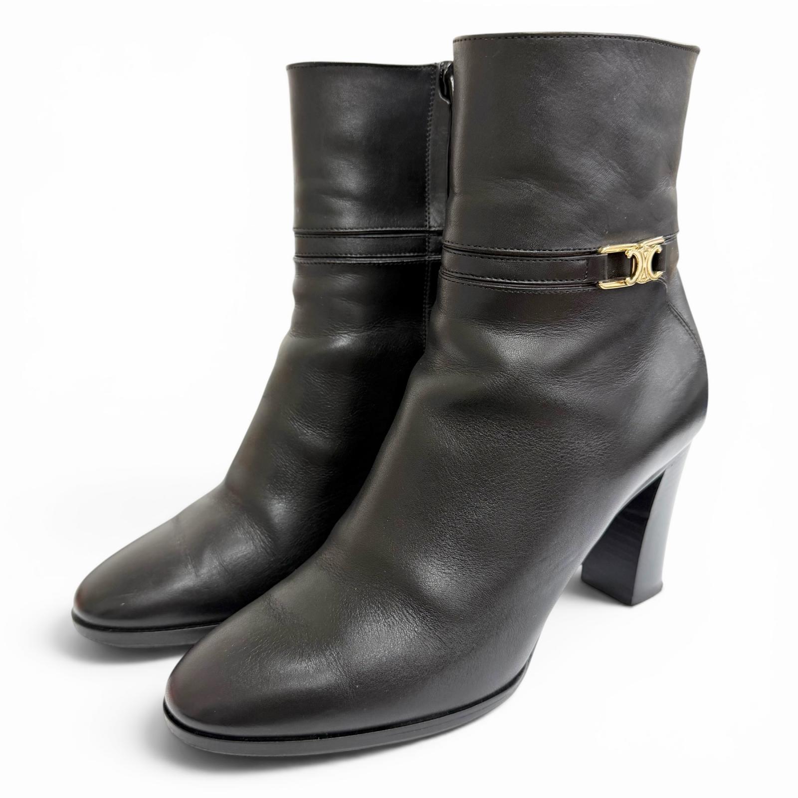 美品△CELINE セリーヌ トリオンフ サイドジップ なめし革 アンクルブーツ 遊撃手ブーツ 黒いこと 37.5 イタリア製 レディース 保護すること袋付き添い人 【中古】