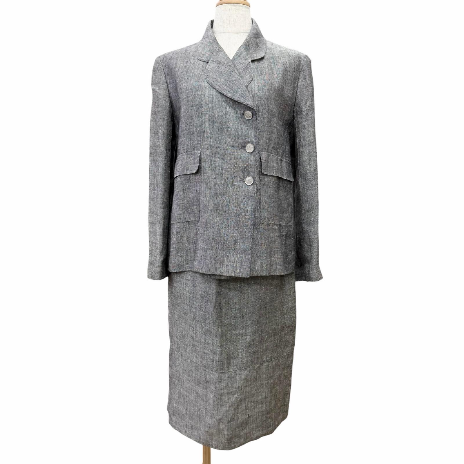美品△CHANEL シャネル ヴィンテージ 98P P11161 リネン 地絹 ココマークボタン スコート背広 セットアップ 薄墨色 38 フランス共和国製 定め事品 レディース 【中古】