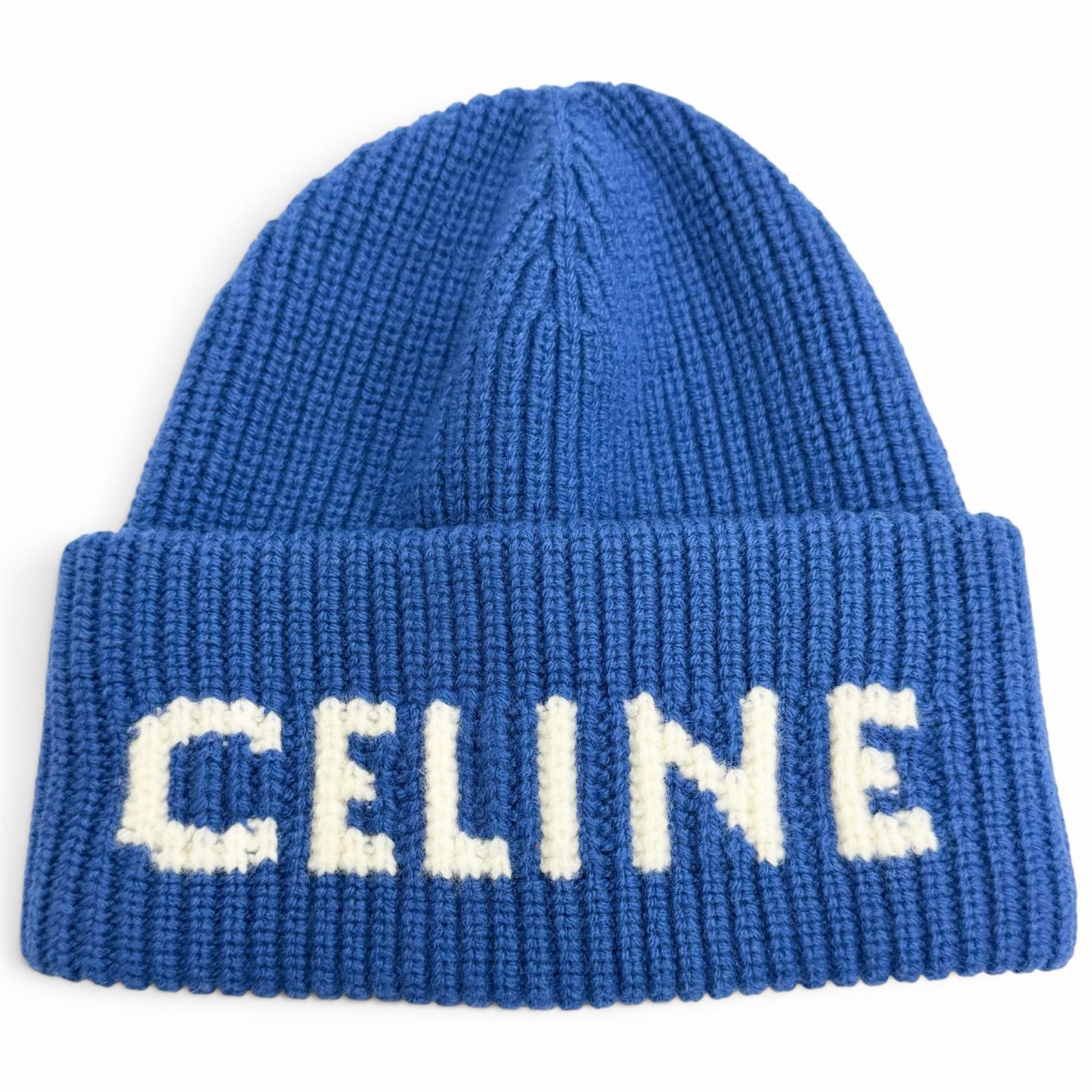 極美品△CELINE セリーヌ AA0H92I93 羊毛 カシミール ロゴタイプ 肋筋 編み物旗がしら ビーニー 編み物帽 青碧 白いこと イタリア製 定め事品 レディース  【中古】