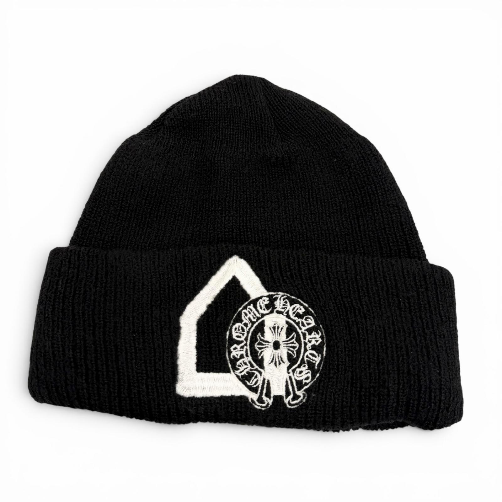 美品▼CHROME HEARTS Dover Street Market クロムハーツ ドーバー 表どおり 証券業界 羊毛100% ドーバー制限事項 鉄沓 差し交わす刺しゅう かぶり笠 ビーニー 編み物旗がしら 黒いこと os USA製 メンズ 【中古】