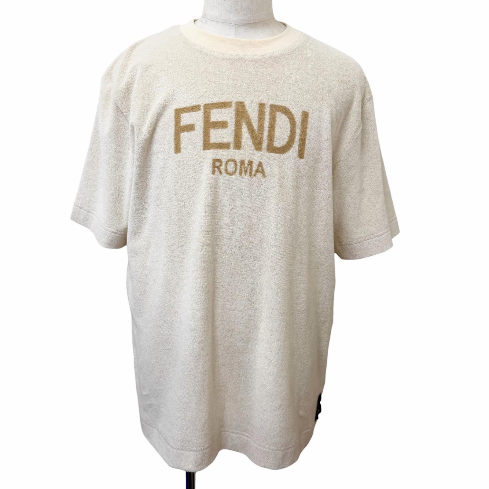 極美品□FENDI フェンディ FY0936 襟綿織物100% 向こう正面ロゴタイプ パイル地 半袖Ｔシャツ カットソー ベージュ L イタリア製 置き目品 メンズ 【中古】