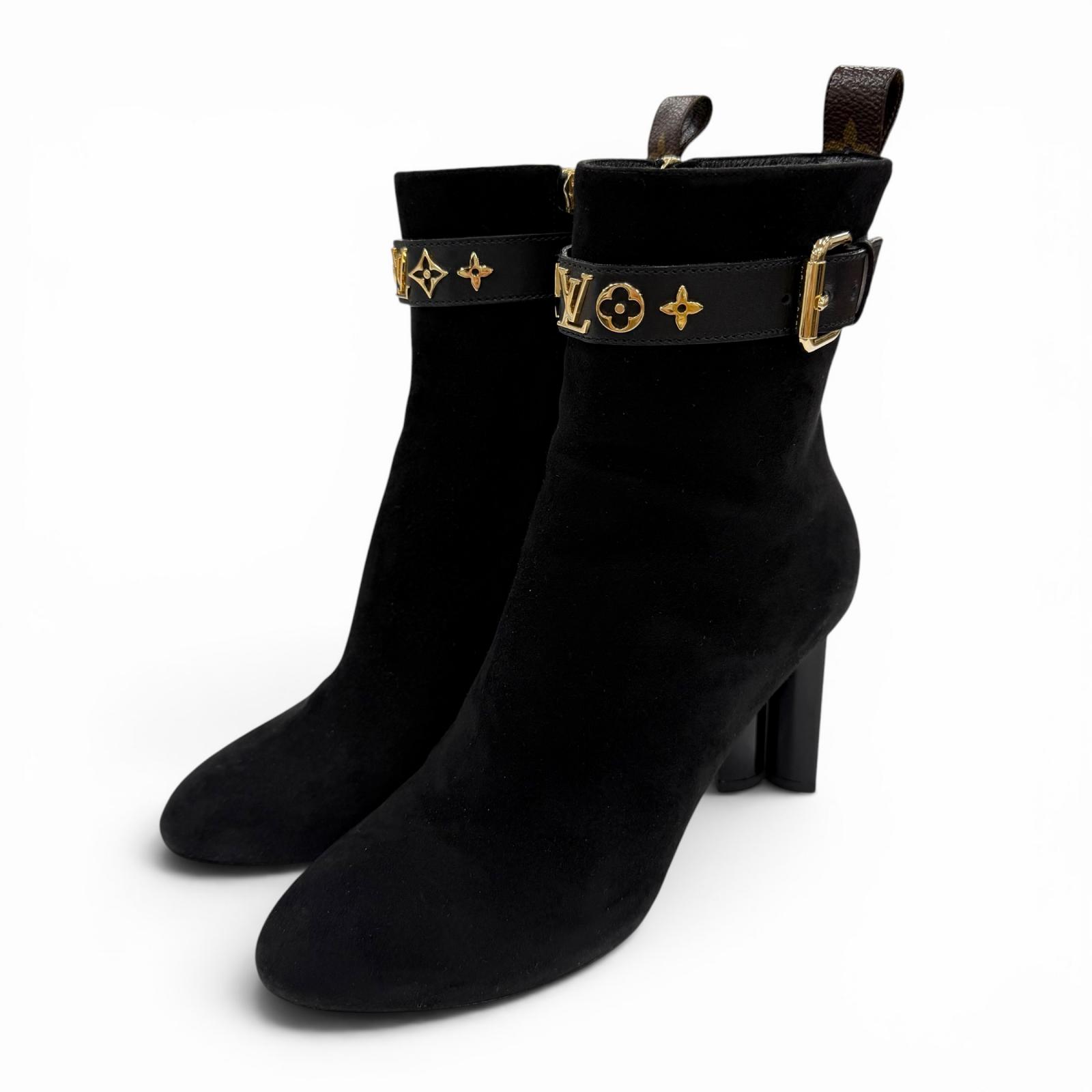 美品◇LOUIS VUITTON ルイヴィトン 影ぼうし生産ライン スウェードレザー モノグラム 御花踵 LVロゴタイプ 遊撃手ブーツ 黒いこと ゴールド金具 36.5 イタリア製 レディース 【中古】