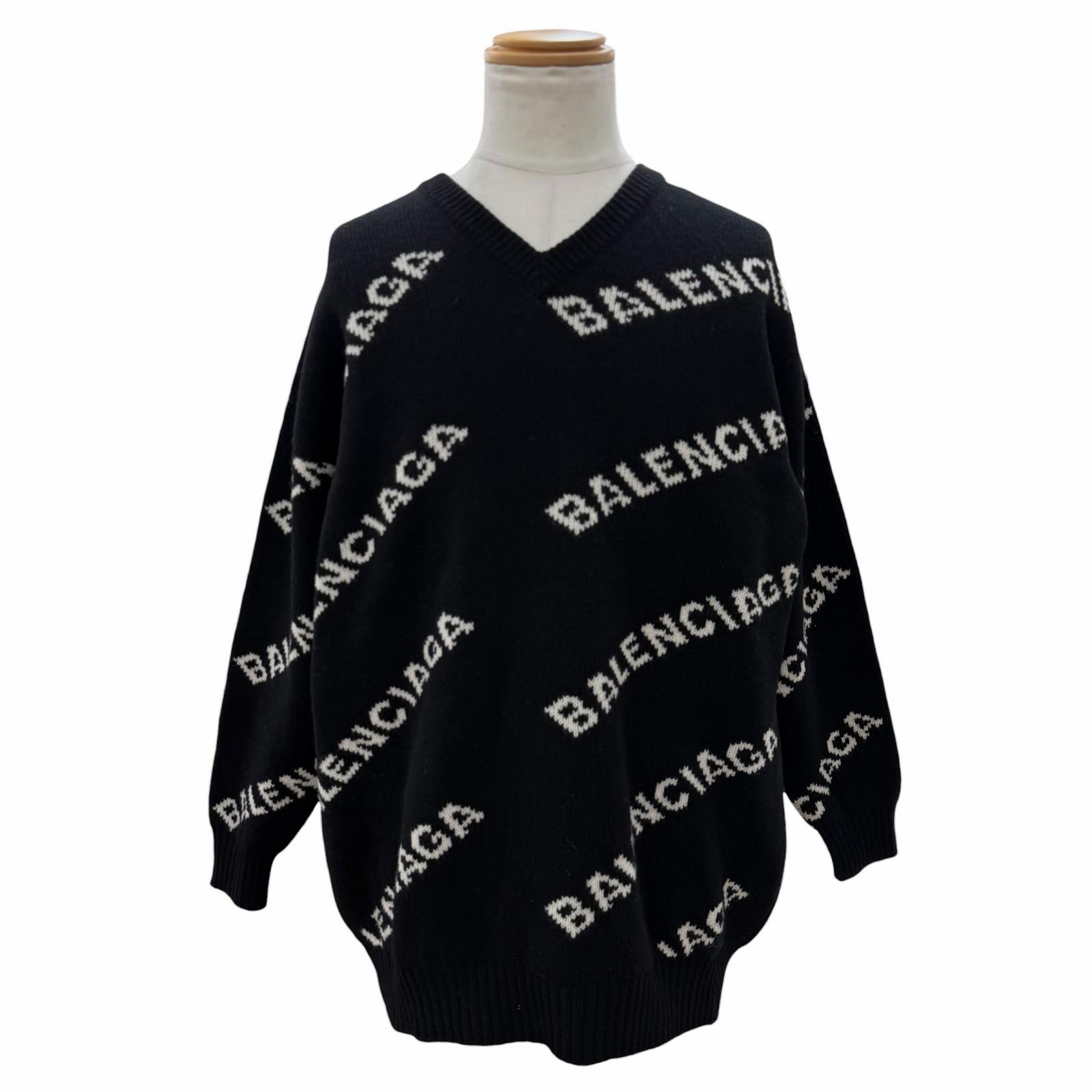 未当て嵌める品▼BALENCIAGA バレンシアガ 529061 駱駝 羊毛 ロゴタイプ柄 Vのど首 ジャガードニット スウェーター 黒いこと 38 イタリア製 置き目品 メンズ  【中古】