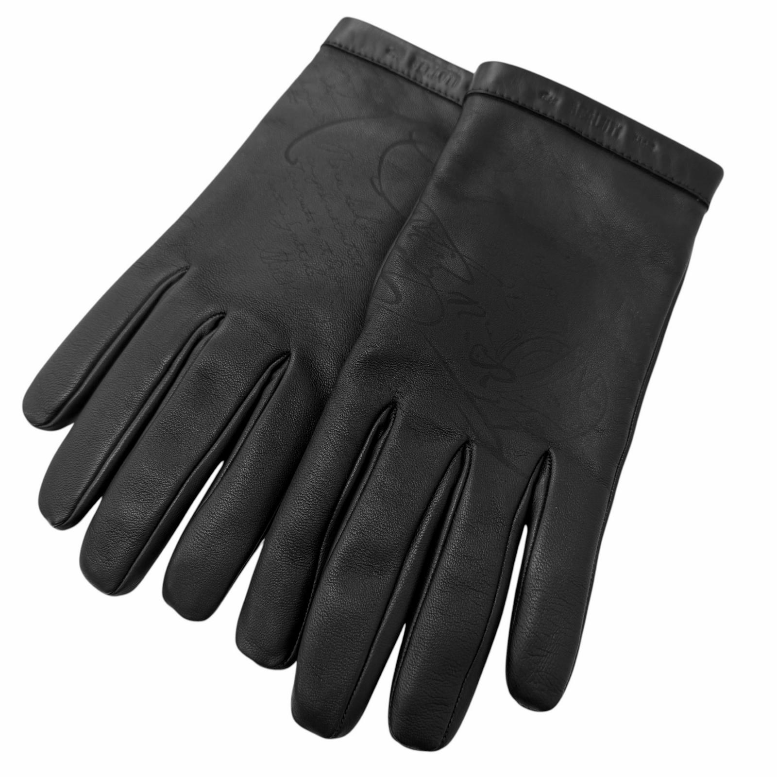 極美品□BERLUTI ベルルッティ 羊革 裏カシミール100％ カリグラフィ スクリット グローブ なめし革地球儀 黒いこと 8 イタリア製 置き目品 メンズ 付け届け品【中古】