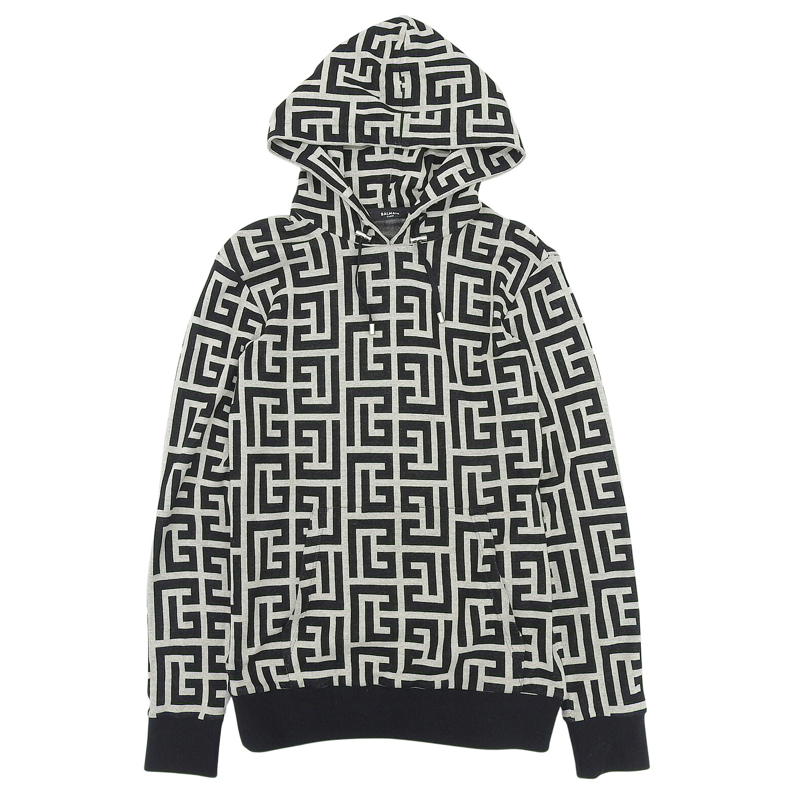 極美品▲BALMAIN バルマン JR002JB70 綿織物100％ 総柄モノグラム ティーシャツ パーカー 黒いこと ベージュ XS イタリア製 置き目品 メンズ 【中古】