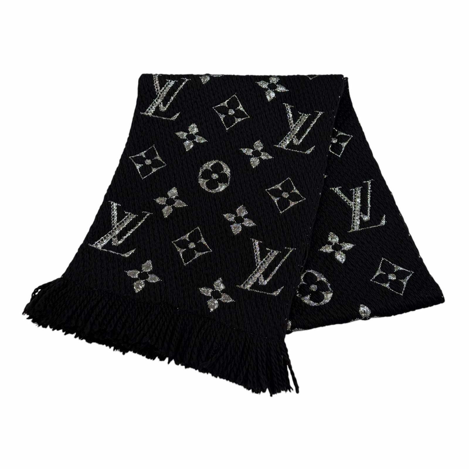 美品★LOUIS VUITTON ルイヴィトン M75833 エシャルプ ロゴタイプ気違い シャイン 羊毛 絹地混 フリンジ付 消音装置 黒いこと しろがね色 イタリア製 置き目品 レディース 【中古】