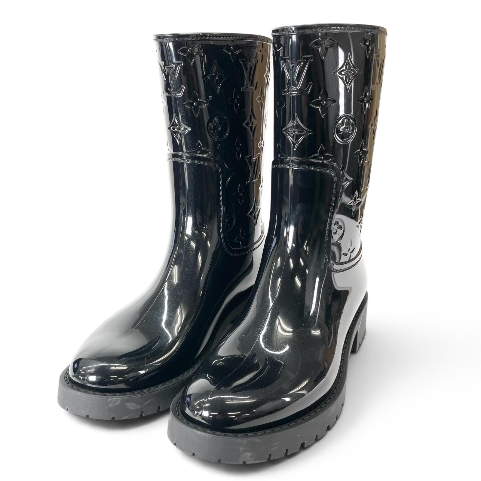 極美品▲LOUIS VUITTON ルイヴィトン ドロップス・ライン 思われ人 モノグラム 雨水 ブーツ 黒いこと 38 イタリア製 レディース 保護すること袋付き添い人 【中古】