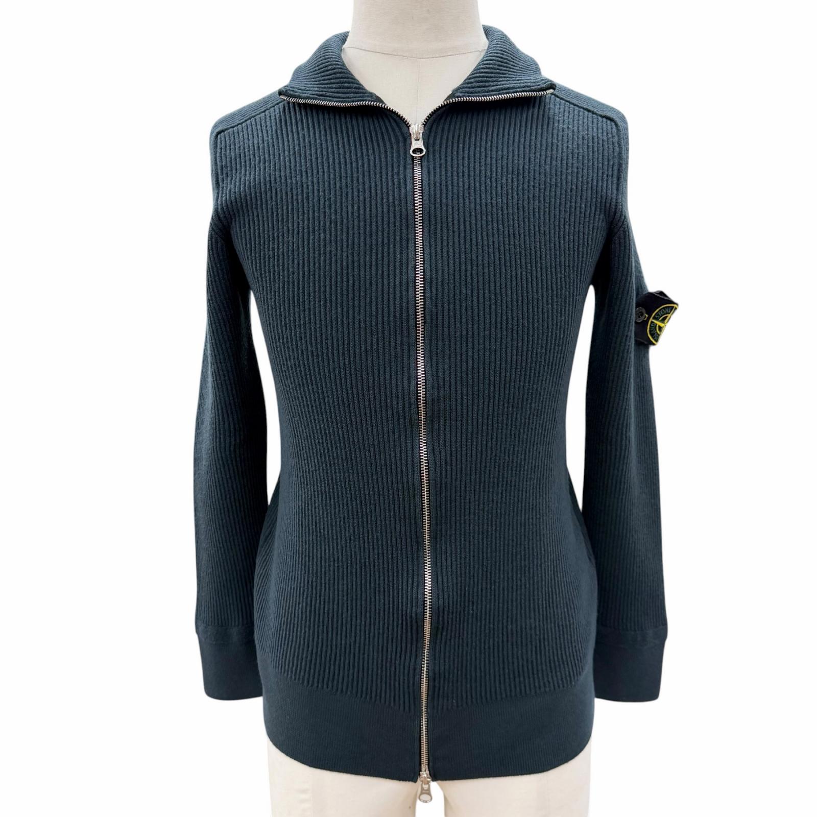 美品▼STONE ISLAND ストーンアイランド 7715519C2 羊毛100% ロゴタイプ紋章 ダブルジップアップ ドライバーズニット 上衣 緑であること系 XL 置き目品 メンズ  【中古】