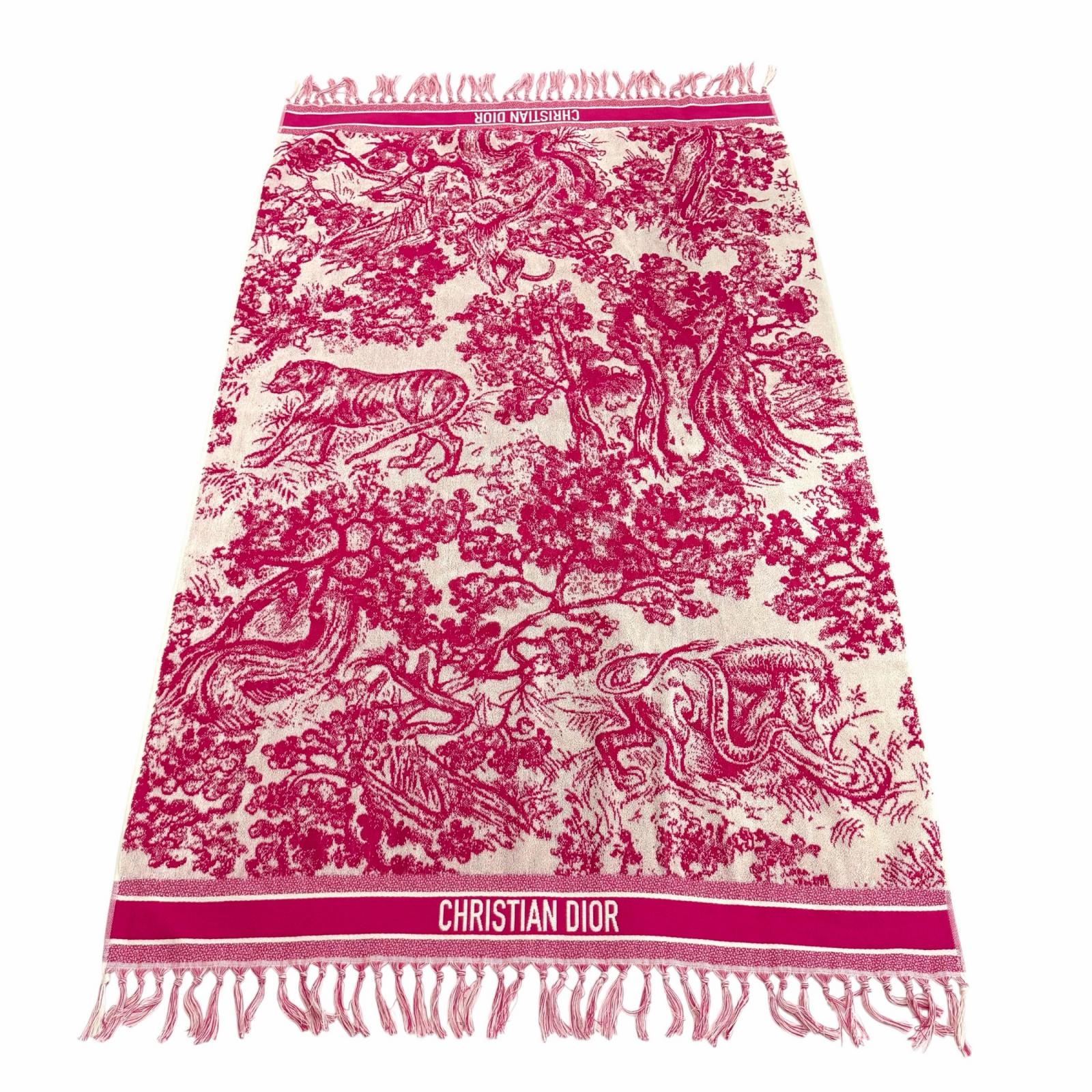 極美品★Christian Dior ディオール 11TDJ801I901 Toile de Jouy トワル ドゥ ジュイ 綿織物100％ ロゴタイプ入り口・入口 フリンジ付 砂浜西洋手ぬぐい 毛布 サクラ色 ベージュ イタリア製 置き目品 レディース 【中古】