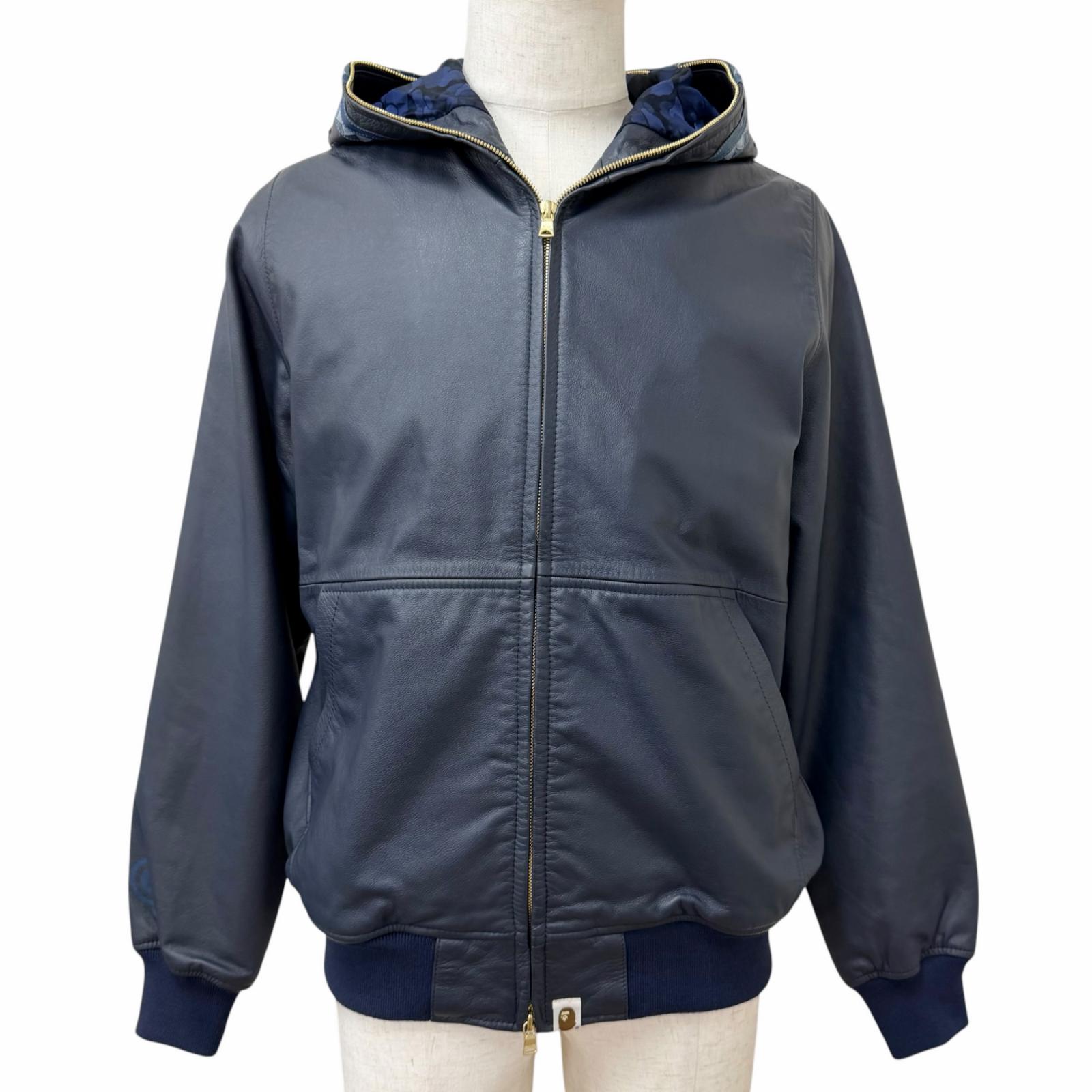 美品□A BATHING APE ア ベイシング エイプ LEATHER SHARK HOODIE JACKET 牛革 シャークパーカー レザージャケット ネイビー M 正規品 メンズ 【中古】｜衣類＆ブランドリサイクル GREEN