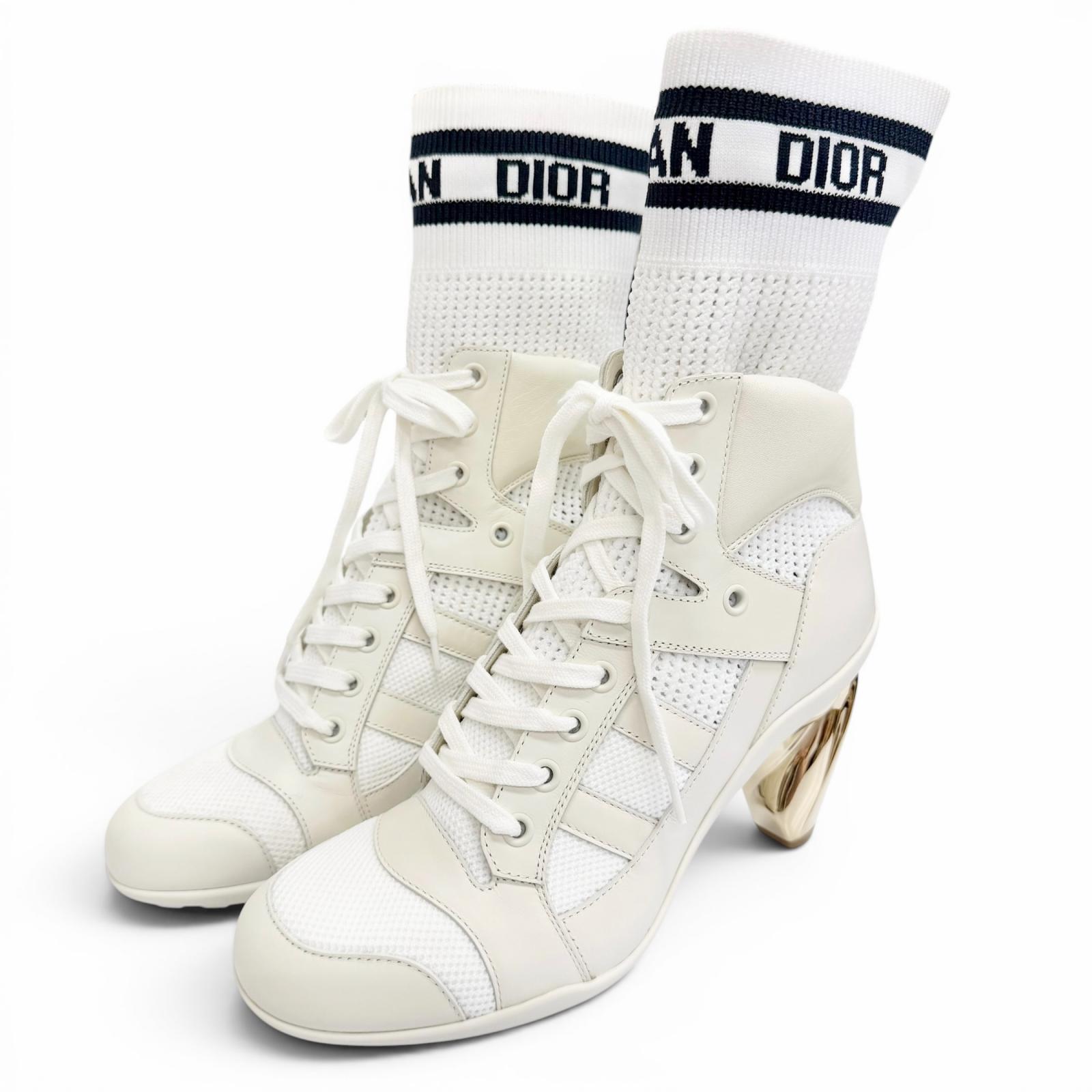 未当て嵌める品△Christian Dior ディオール D-ZENITH なめし革 スピード競技引きあげる ロゴタイプ 靴下ブーツ アンクルブーツ 象牙色 37.5 イタリア製 レディース 箱・保護すること袋付き添い人 【中古】