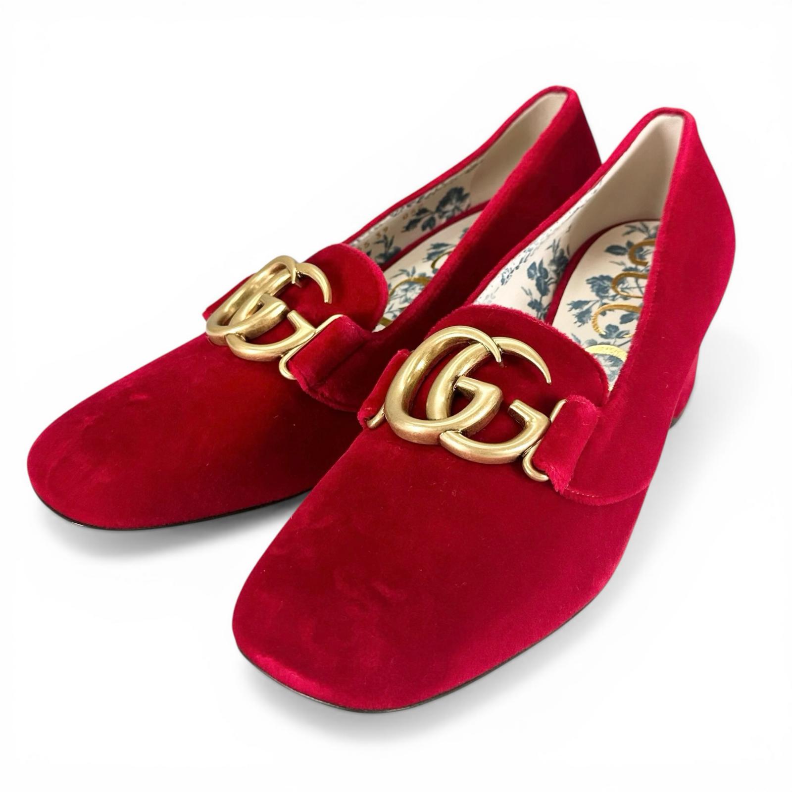 未当て嵌める品▲GUCCI グッチ 526465 天鵝絨 ダブルG GGマーモント パンプス 赤いこと ゴールド金具 39 イタリア製 レディース 箱・保護すること袋付き添い人 【中古】