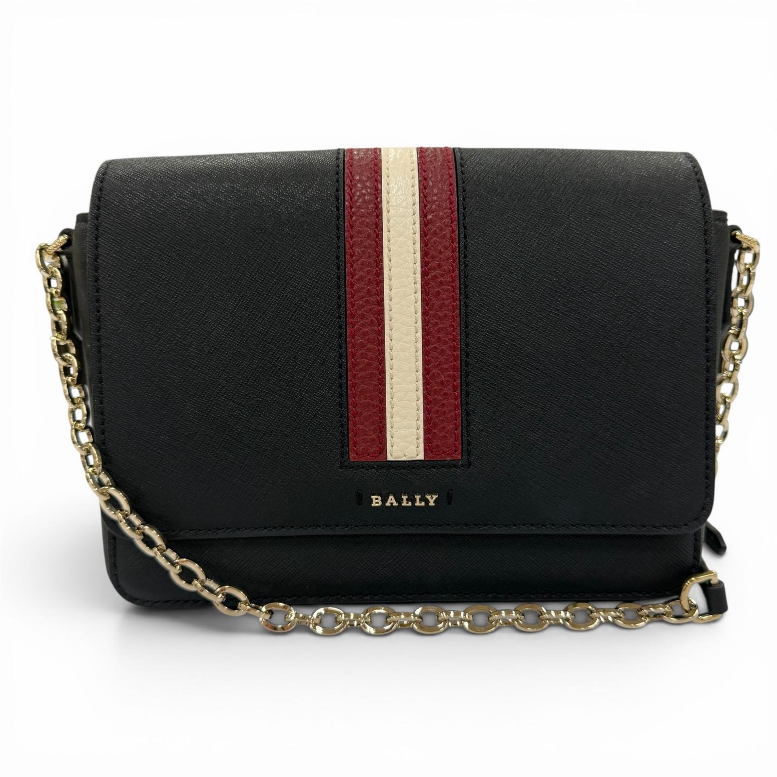 極美品☆BALLY バリー Seliah ロゴタイプ金具 なめし革 チェーン店 ショルダーバッグ 黒いこと ゴールド金具 レディース 【中古】