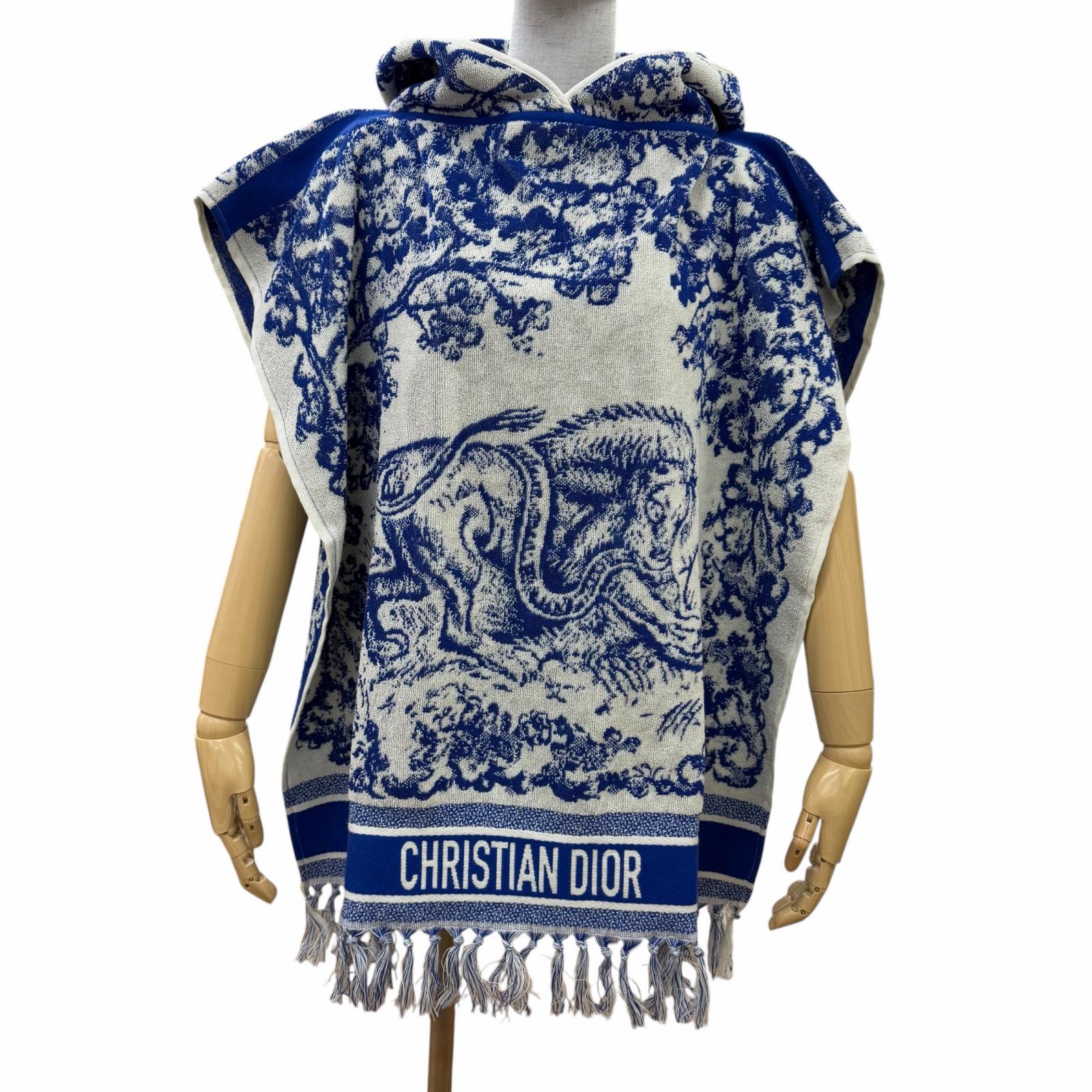 極美品☆Christian Dior ディオール 14JOU370I900 トワル ドゥ ジュイ 綿織物100％ ボンネット付 バスローブ ポンチョ 青色 U イタリア製 置き目品 レディース 【中古】