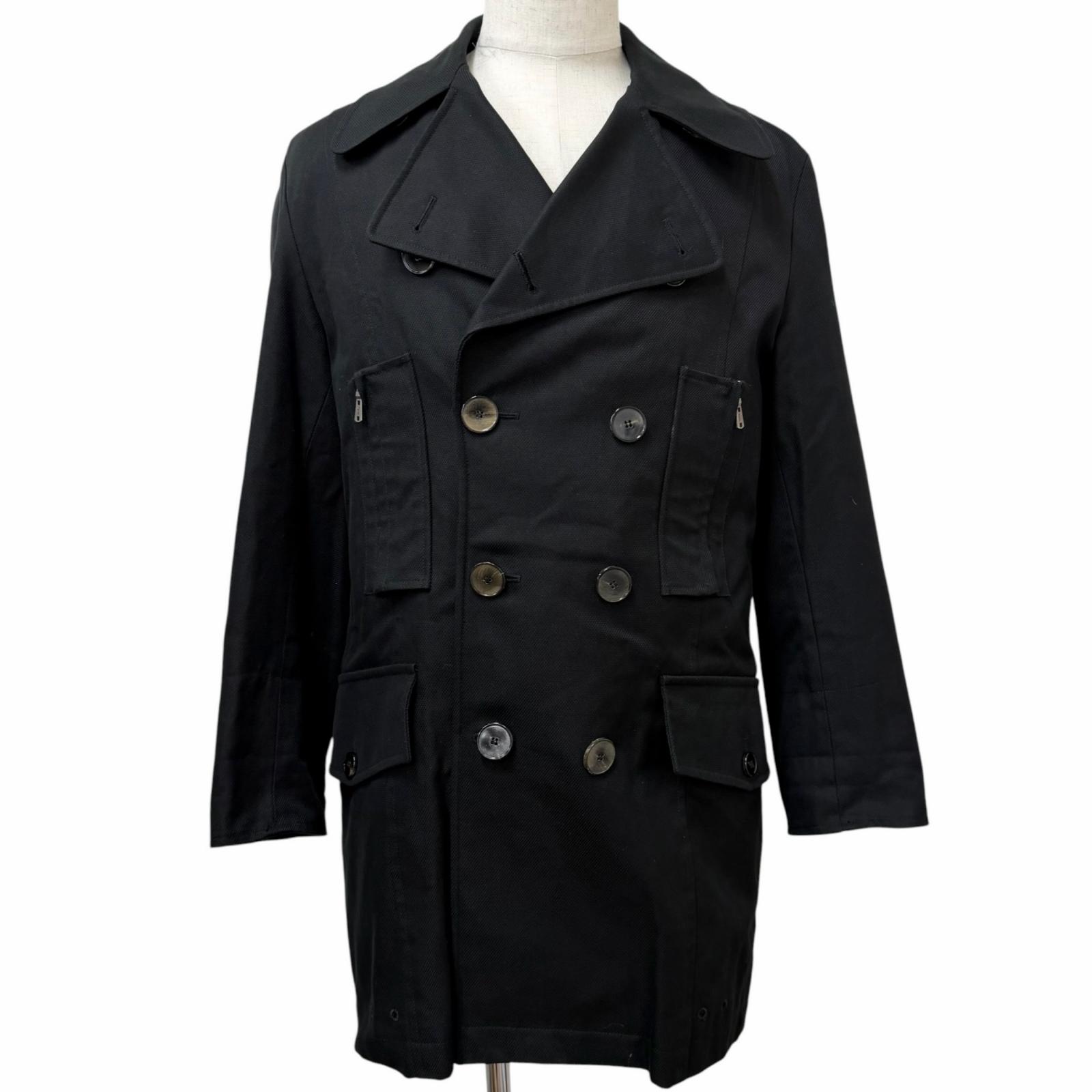 美品□YVES SAINT LAURENT イヴ・サンローラン ヴィンテージ 2004年製 140312 綿織物 リヴゴーシュ ビッグYSL ダブル乳ぶさ ピーコート 黒いこと 48 イタリア製 置き目品 メンズ 【中古】