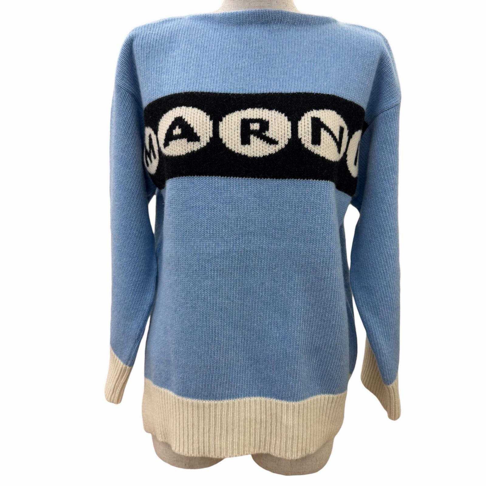 極美品☆MARNI マルニ 23AW GCMD0484Q0 バージンウール100％ ロゴ入り サイドスリット 長袖 ニット ブルー 36 正規品 レディース 【中古】｜衣類＆ブランドリサイクル GREEN