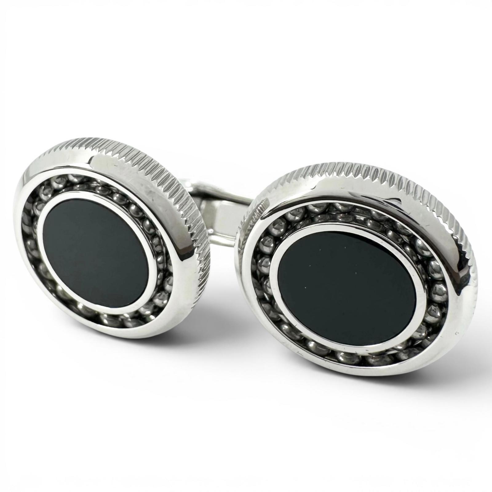 極美品▲Dunhill ダンヒル JNV3258K ブラックアゲート サークルデザイン カフスボタン カフリンクス シルバー ブラック メンズ 箱付き 【中古】｜衣類＆ブランドリサイクル GREEN