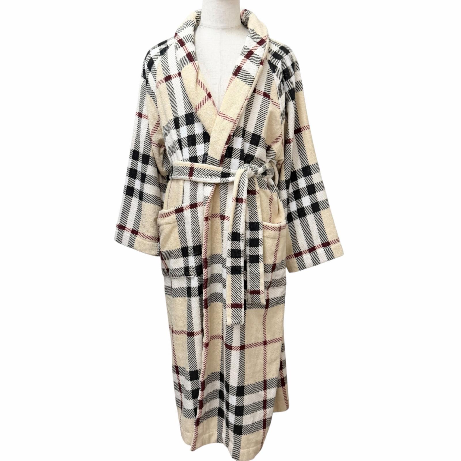 未使用品□BURBERRY バーバリー 8075437 コットン100% ノバチェック柄 パイル地 ベルテッド ガウンコート ベージュ系 M イタリア製 正規品 メンズ 【中古】|衣類&ブランドリサイクル GREEN
